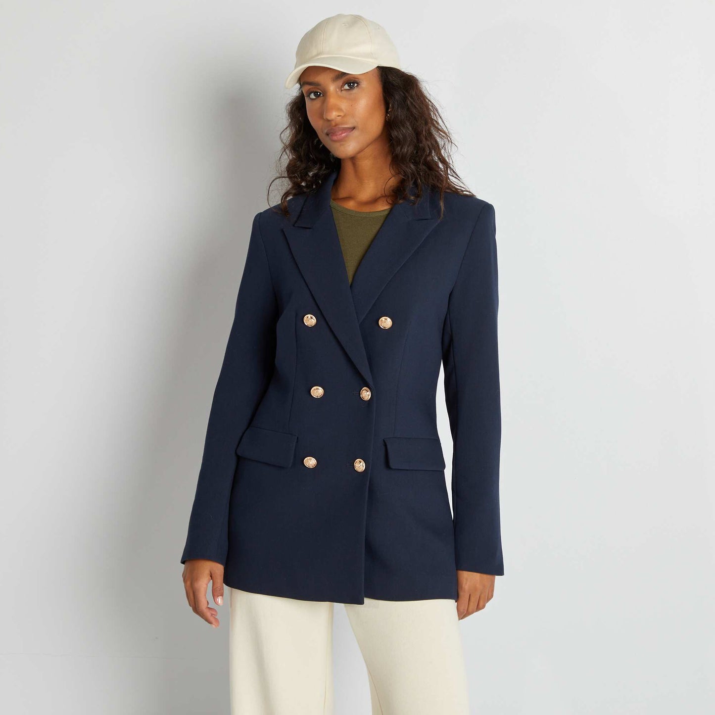 Mid-length tailored jacket with pretty golden buttons BLUE