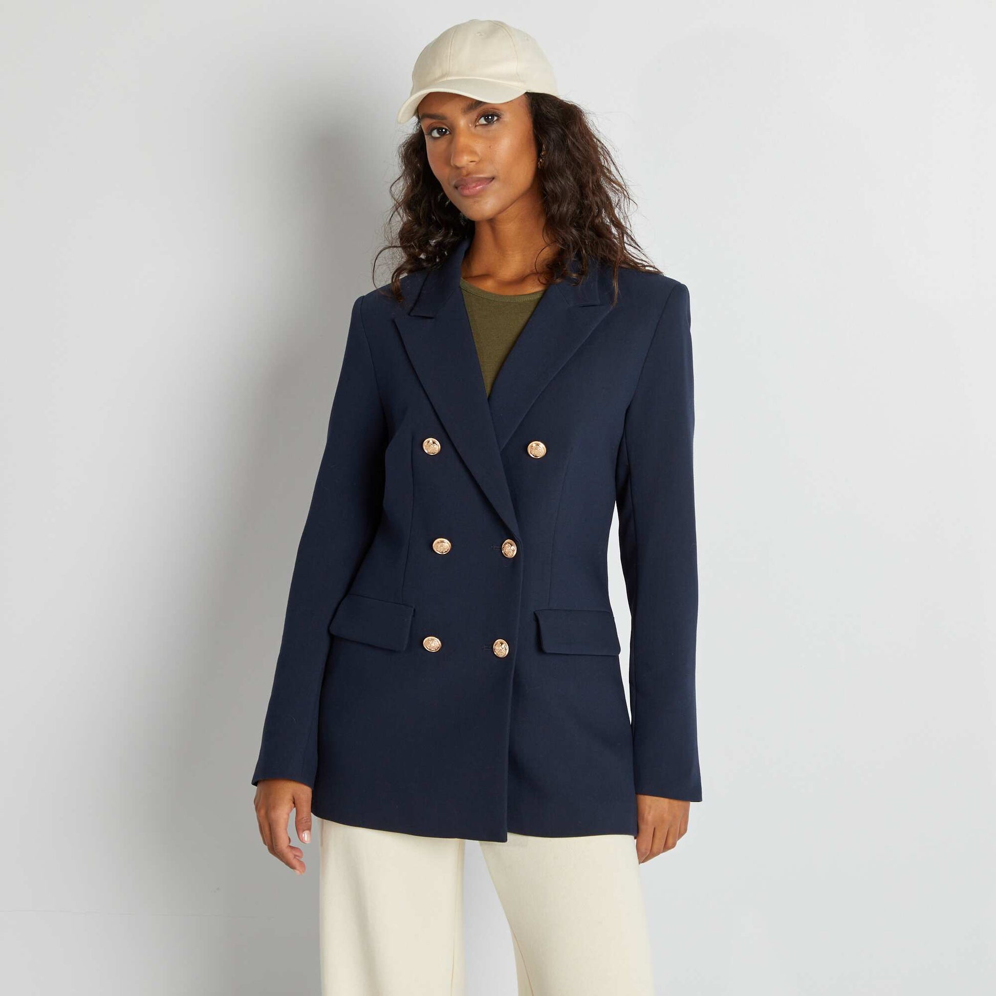 Mid-length tailored jacket with pretty golden buttons BLUE