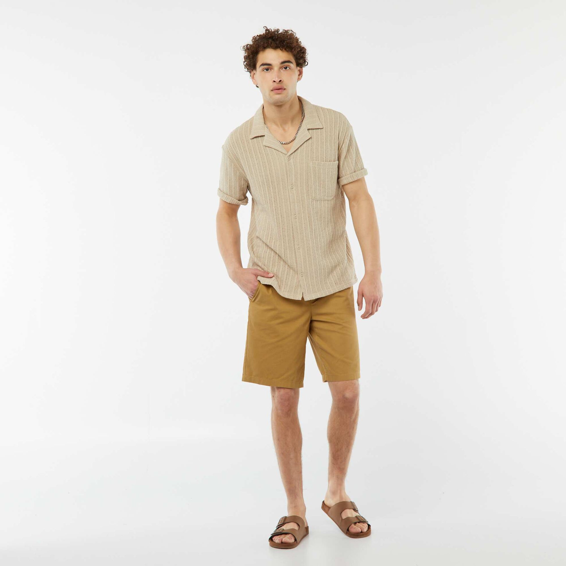 Short-sleeved openwork fabric shirt BEIGE