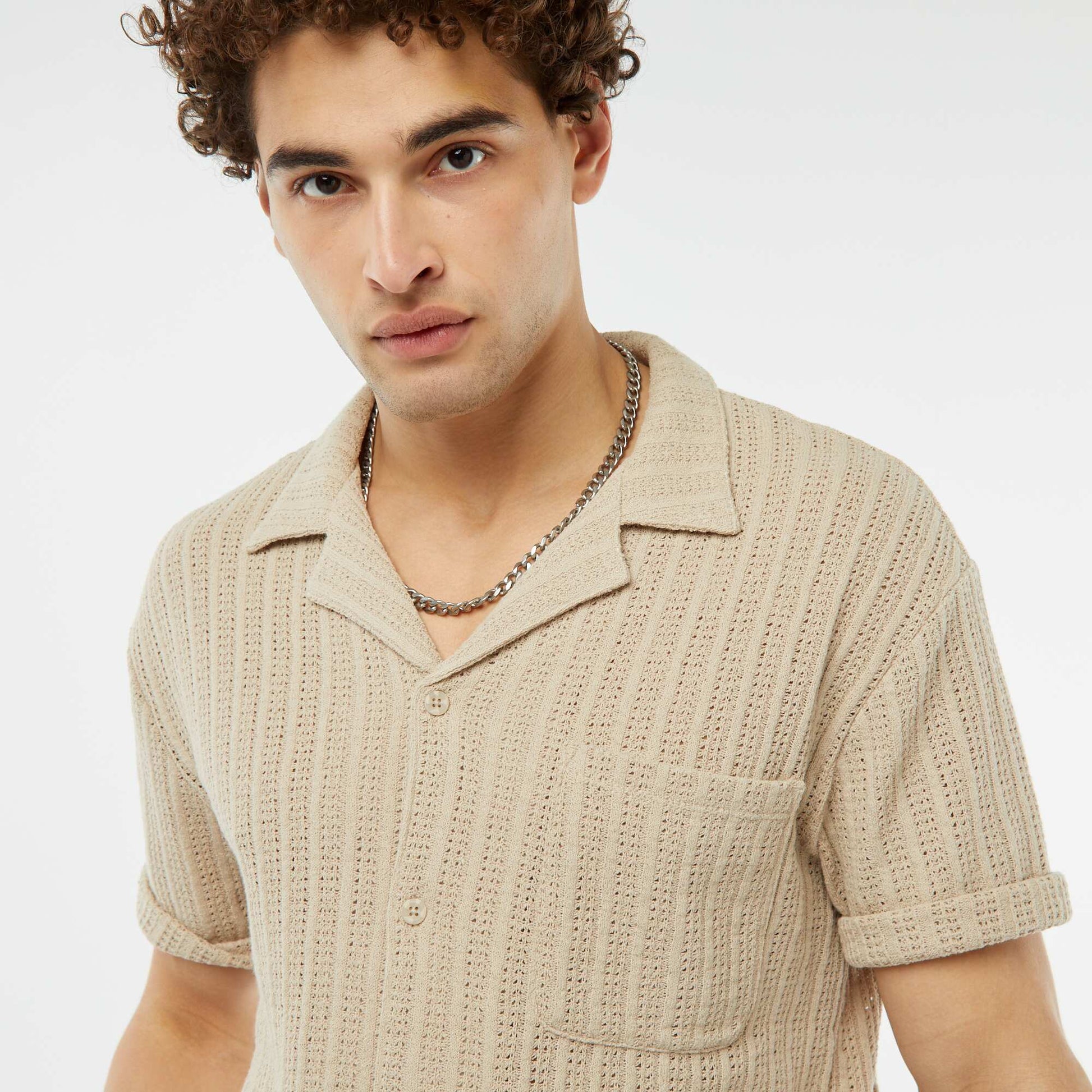 Short-sleeved openwork fabric shirt BEIGE