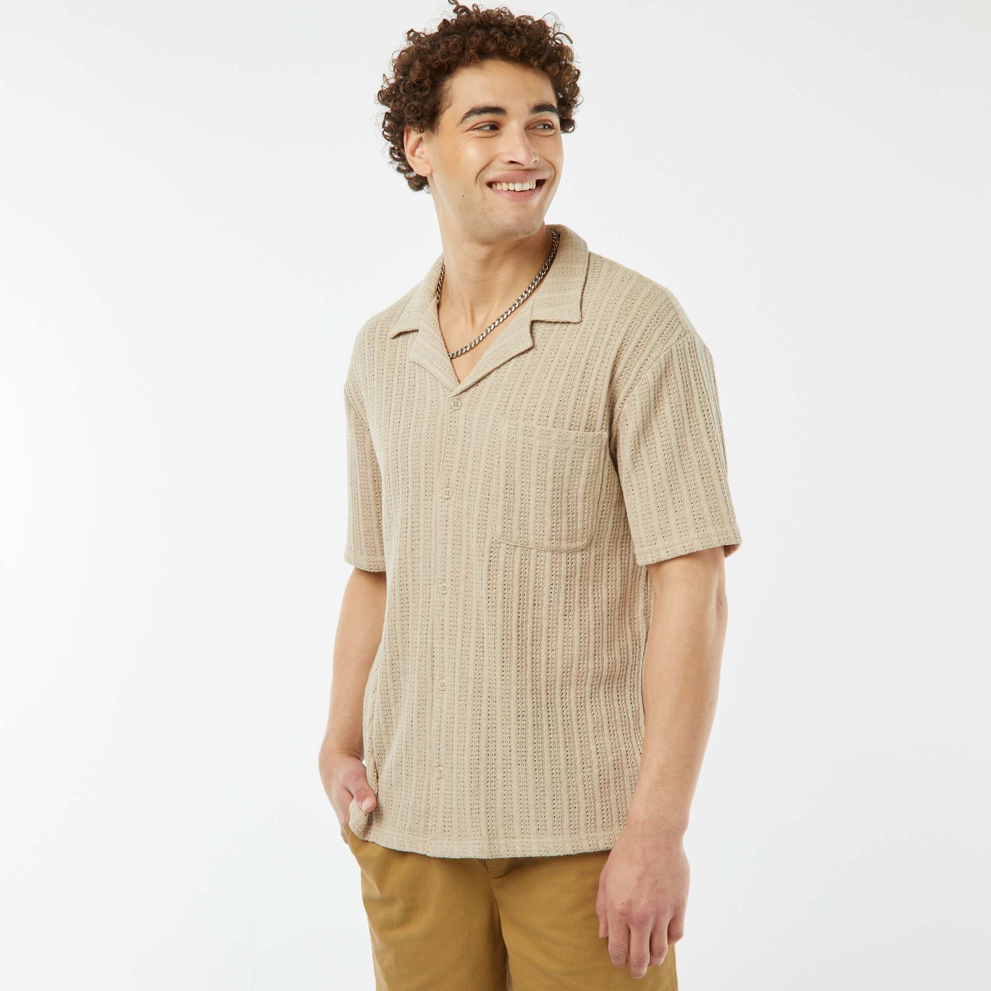 Short-sleeved openwork fabric shirt BEIGE