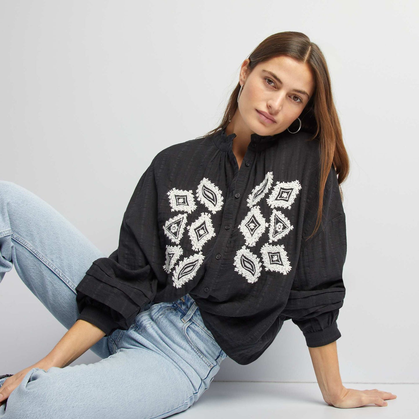Embroidered cotton gauze shirt BLACK