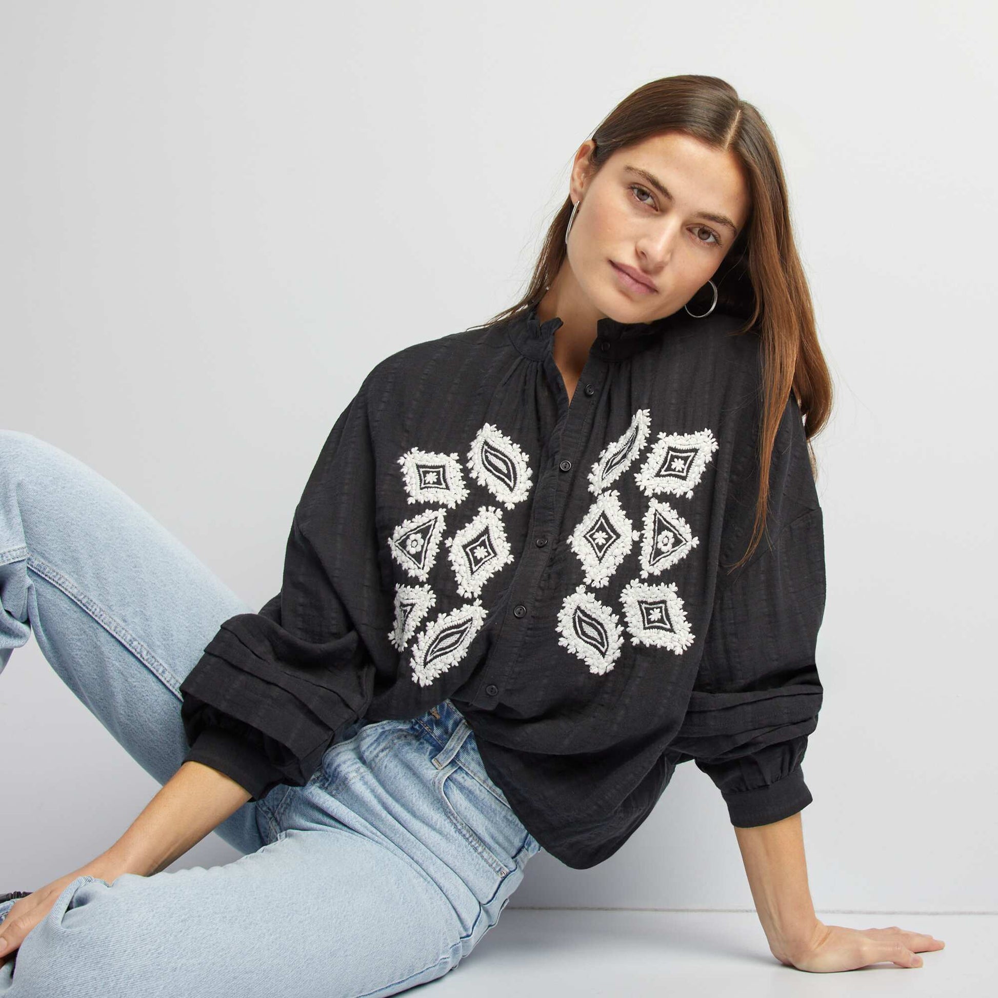 Embroidered cotton gauze shirt BLACK