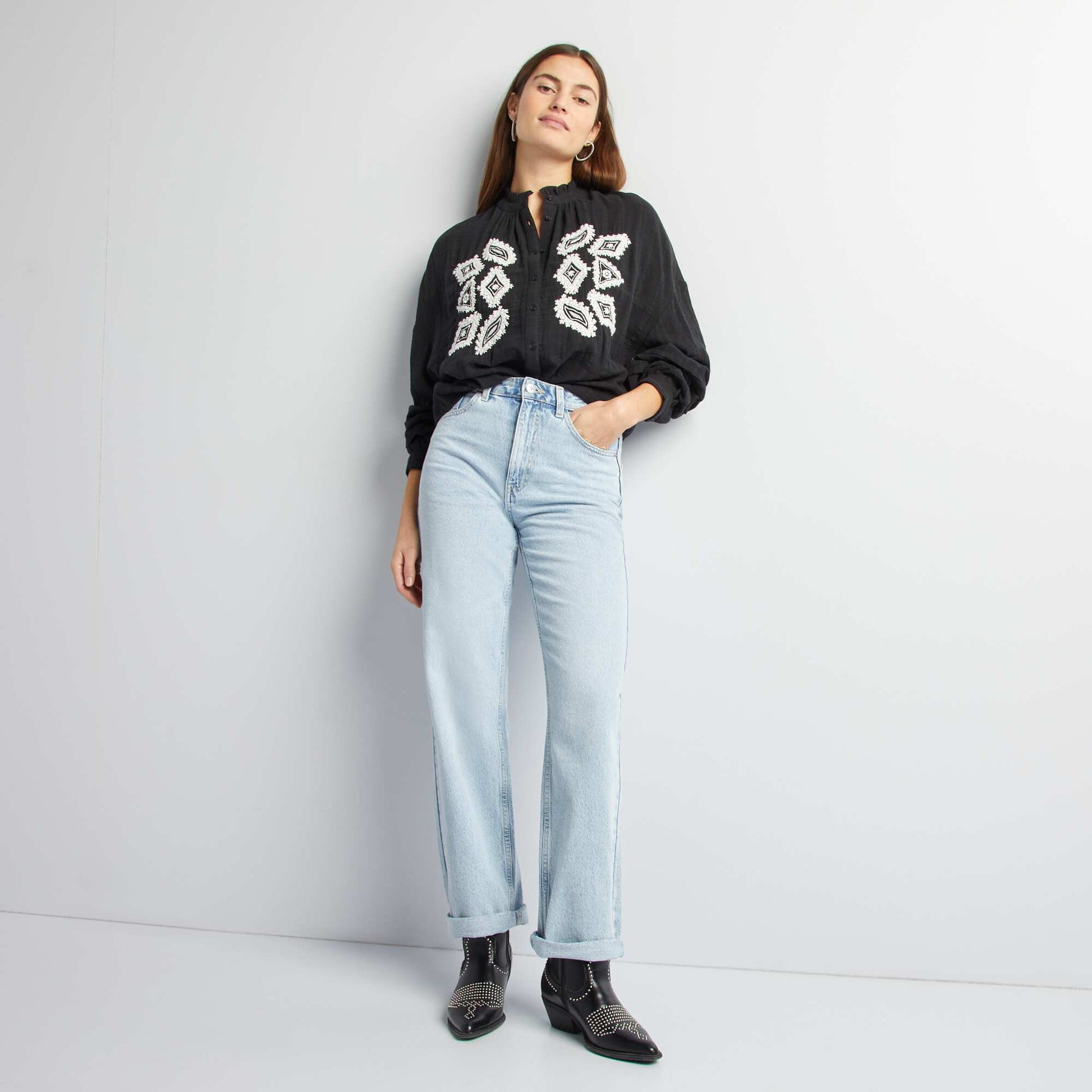 Embroidered cotton gauze shirt BLACK