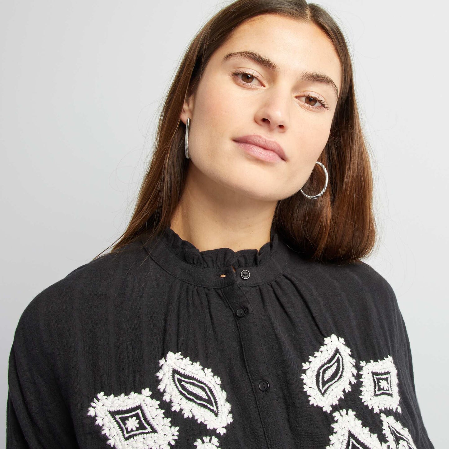 Embroidered cotton gauze shirt BLACK