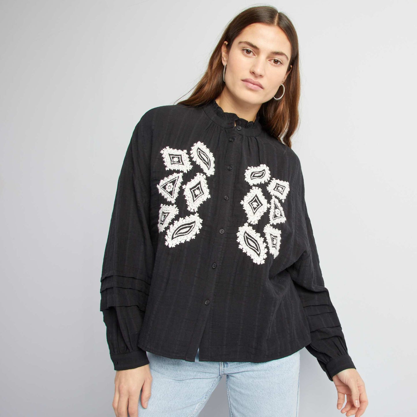 Embroidered cotton gauze shirt BLACK