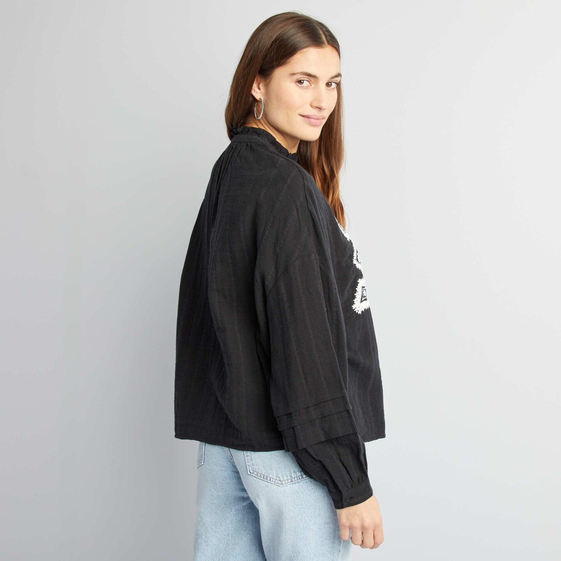 Embroidered cotton gauze shirt BLACK