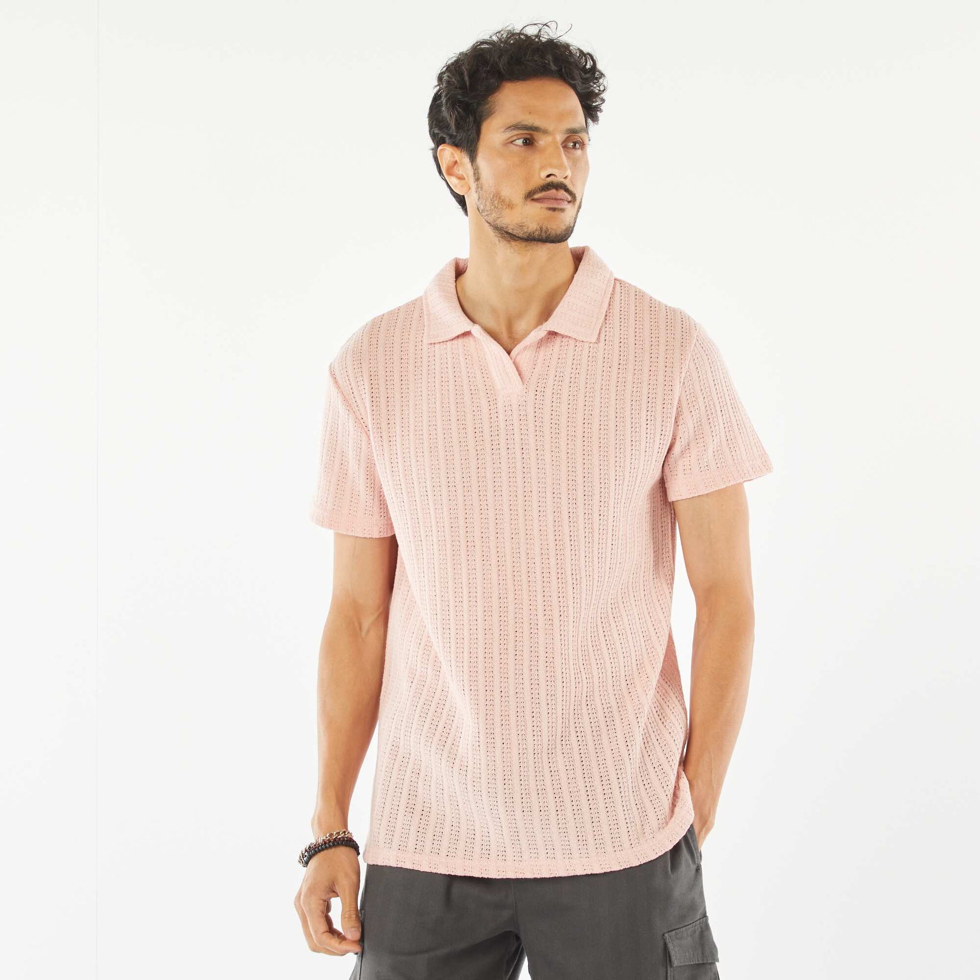 Short-sleeved waffle-knit fabric polo shirt PINK