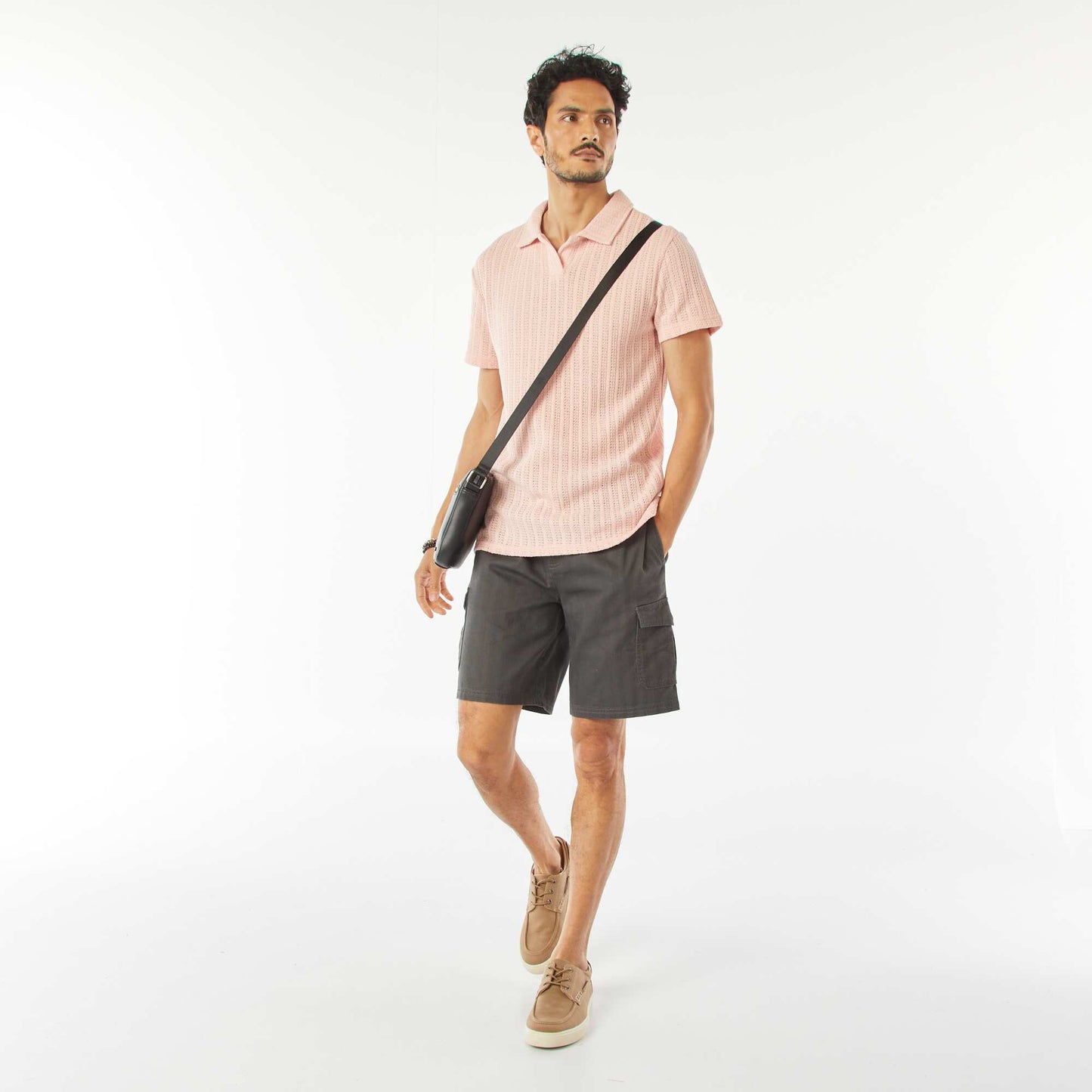 Short-sleeved waffle-knit fabric polo shirt PINK