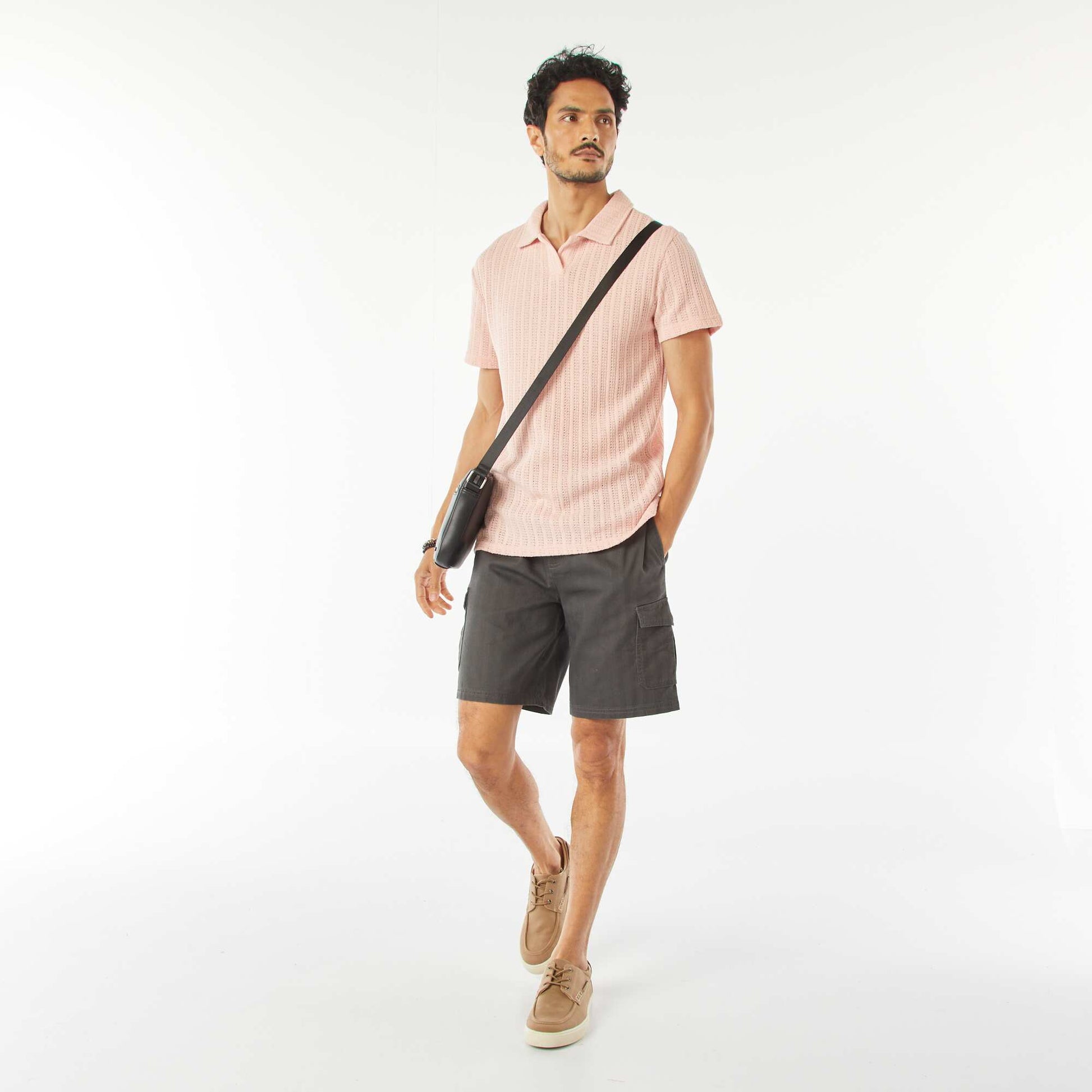 Short-sleeved waffle-knit fabric polo shirt PINK