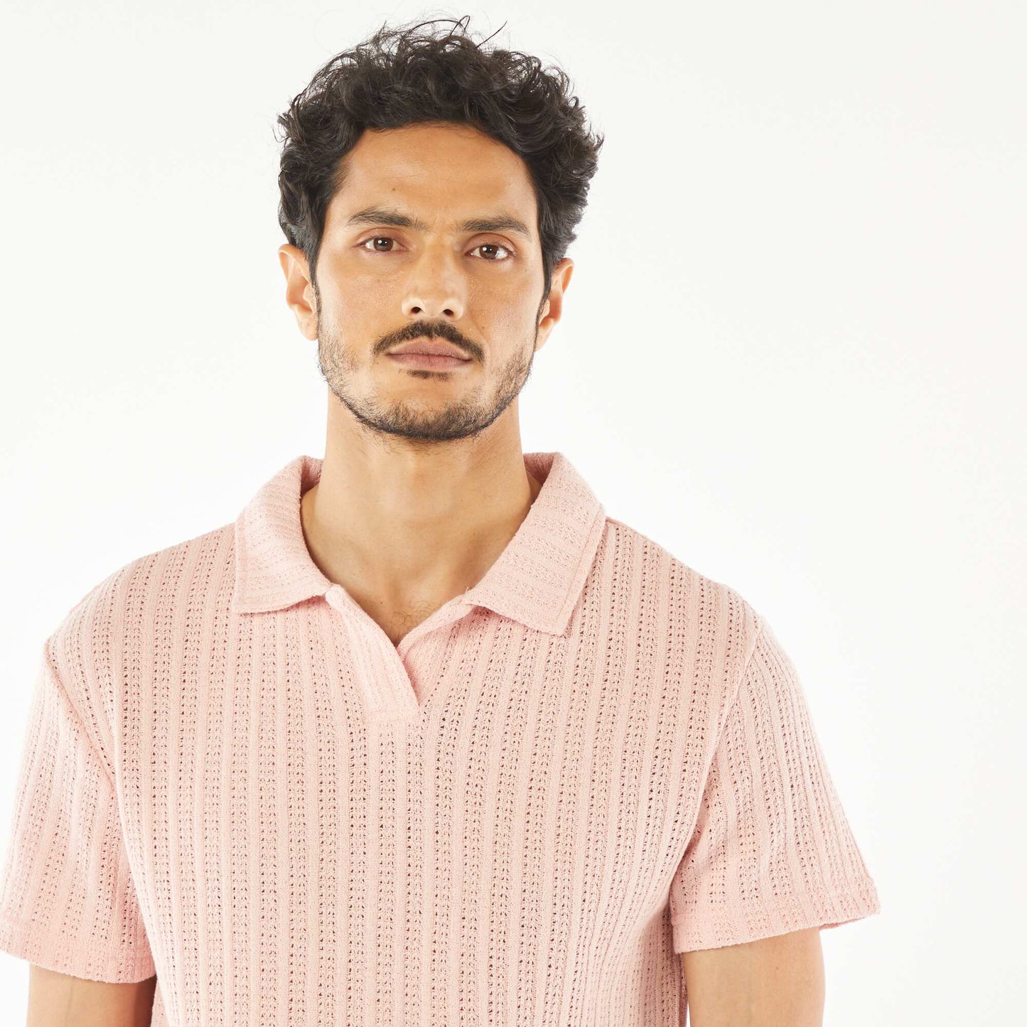 Short-sleeved waffle-knit fabric polo shirt PINK