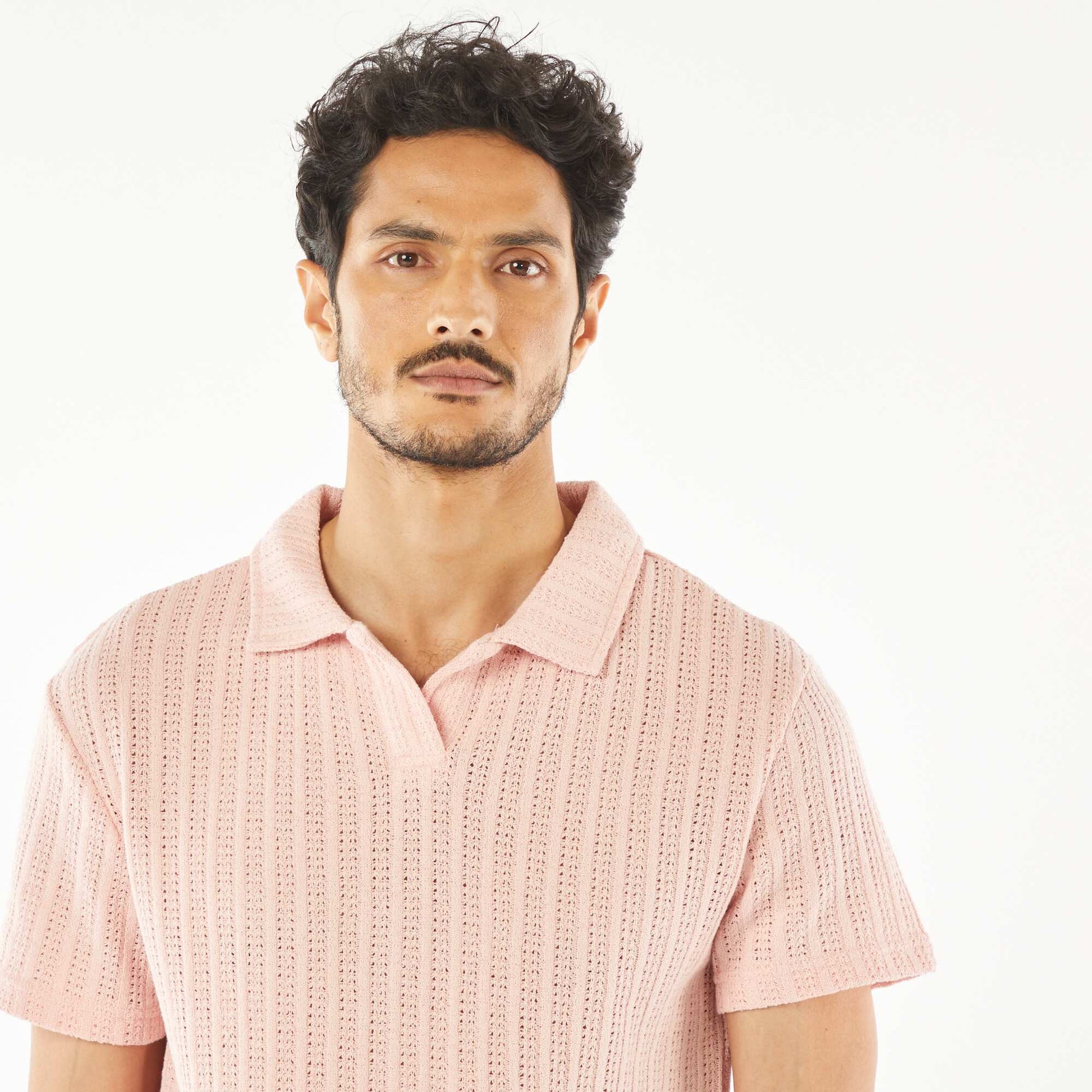 Short-sleeved waffle-knit fabric polo shirt PINK