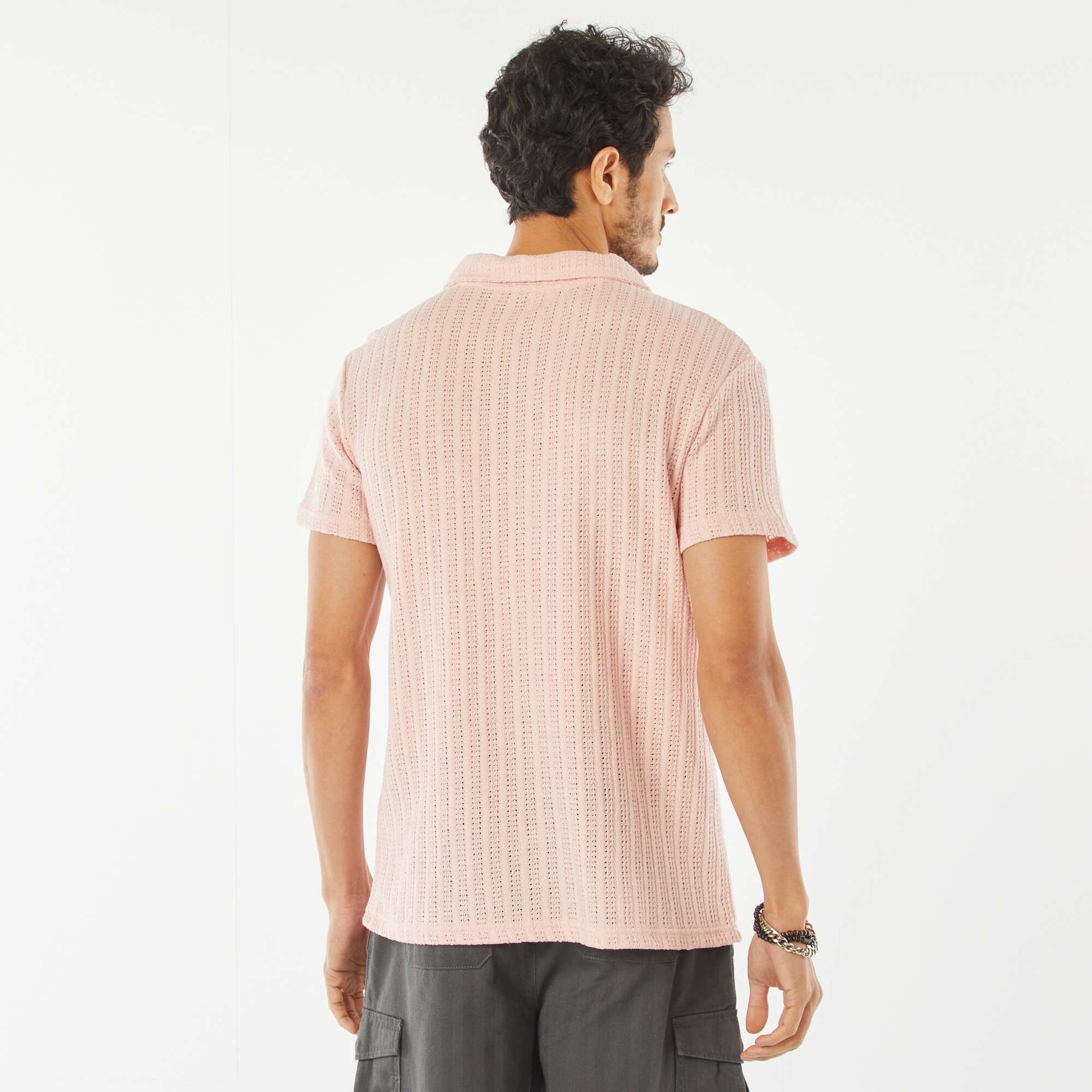 Short-sleeved waffle-knit fabric polo shirt PINK
