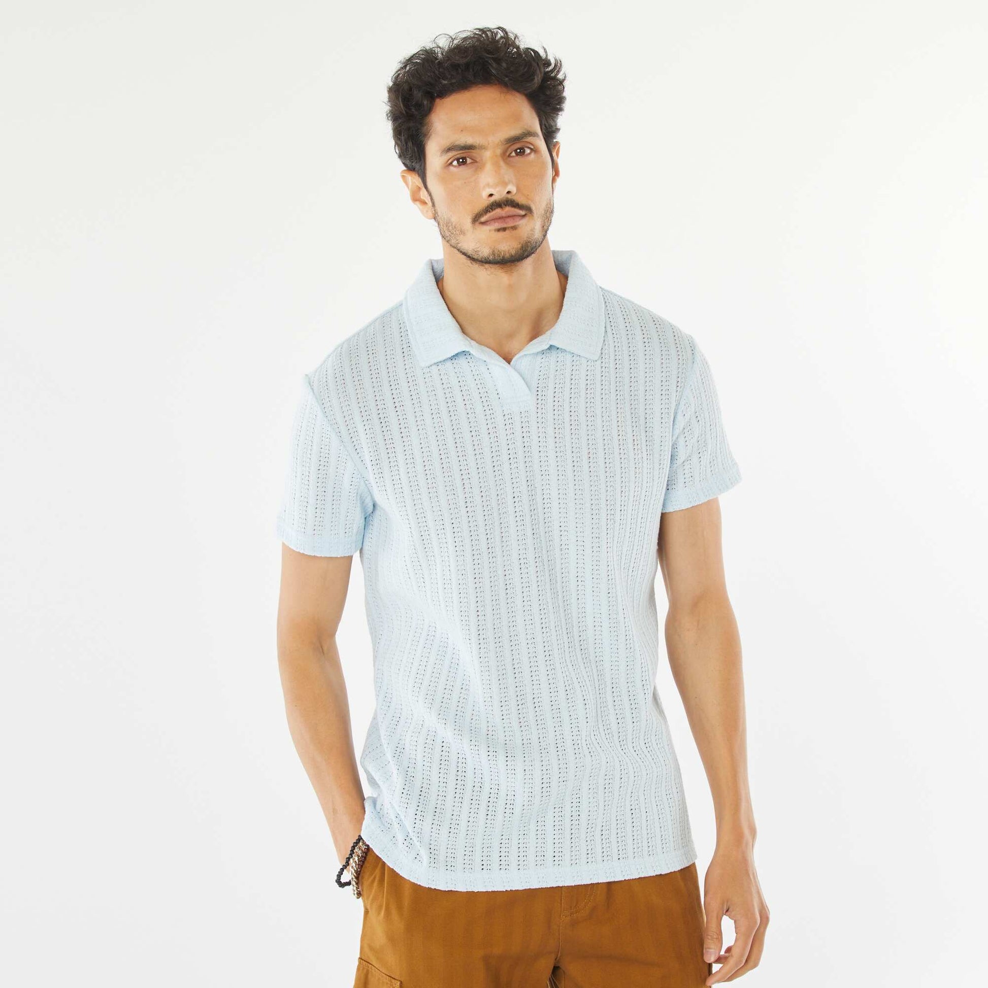 Short-sleeved waffle-knit fabric polo shirt BLUE