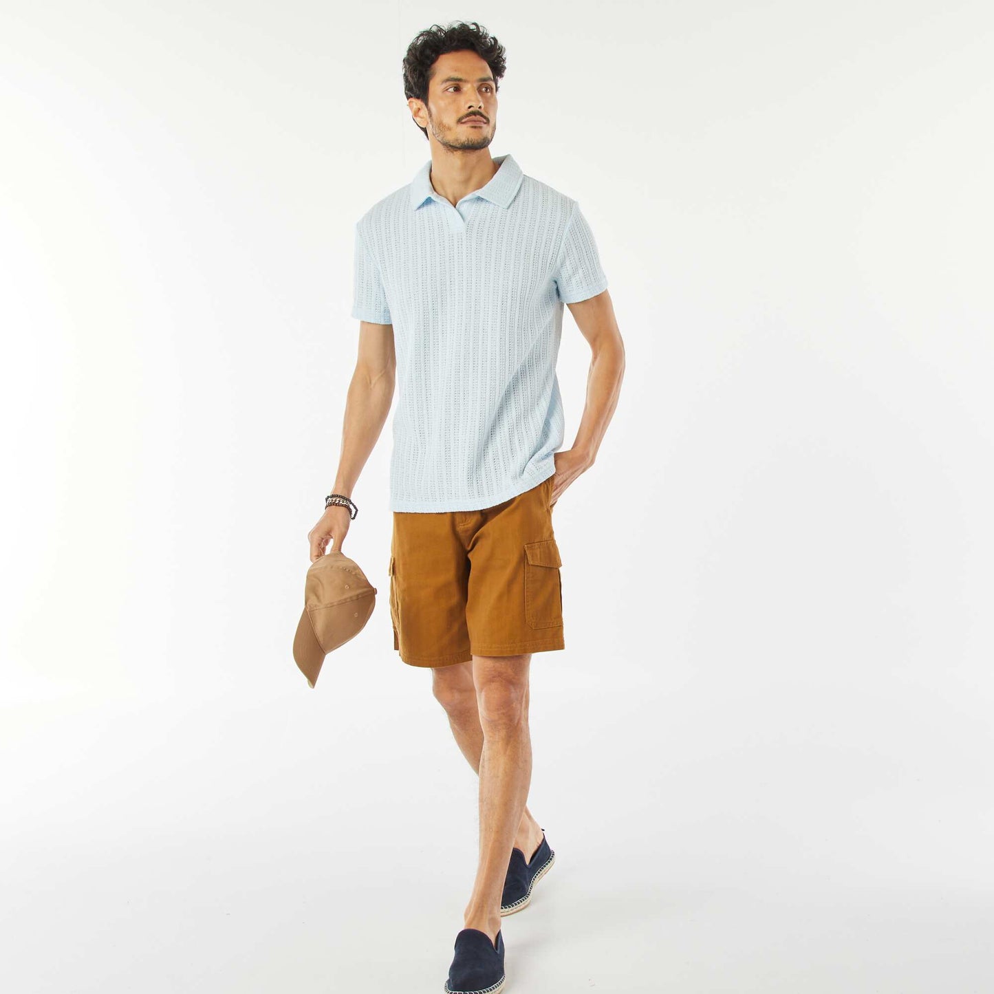 Short-sleeved waffle-knit fabric polo shirt BLUE