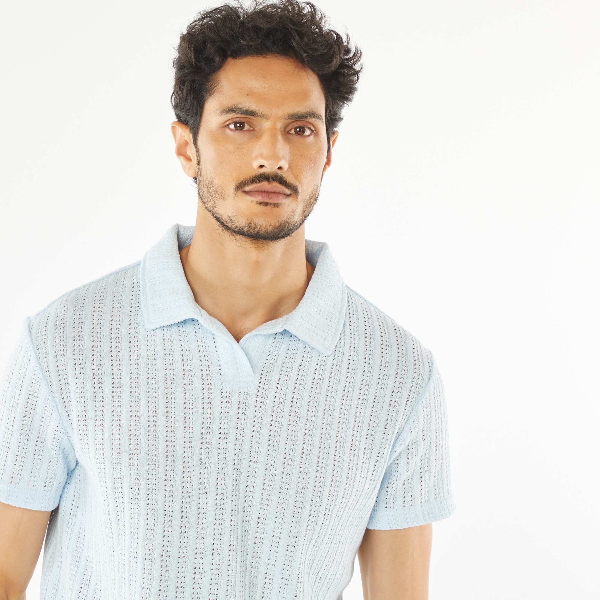 Short-sleeved waffle-knit fabric polo shirt BLUE