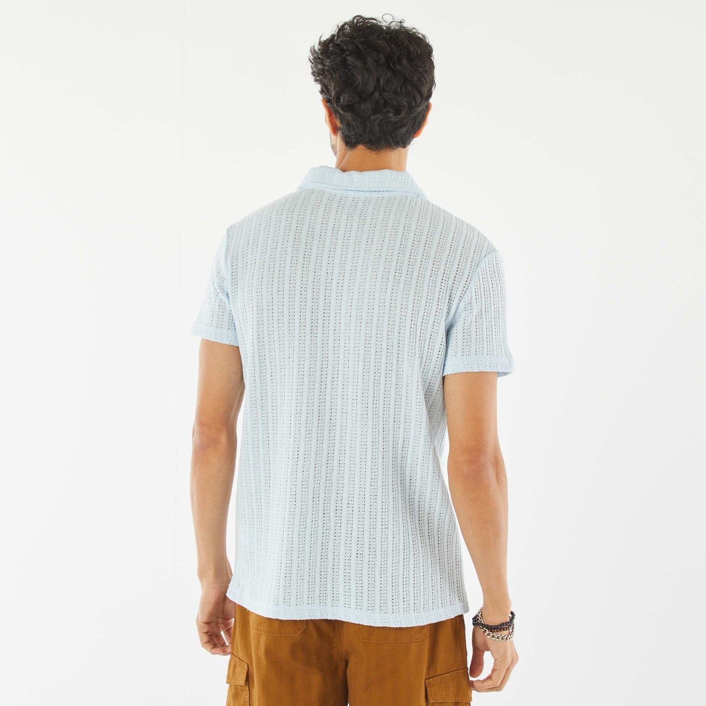 Short-sleeved waffle-knit fabric polo shirt BLUE