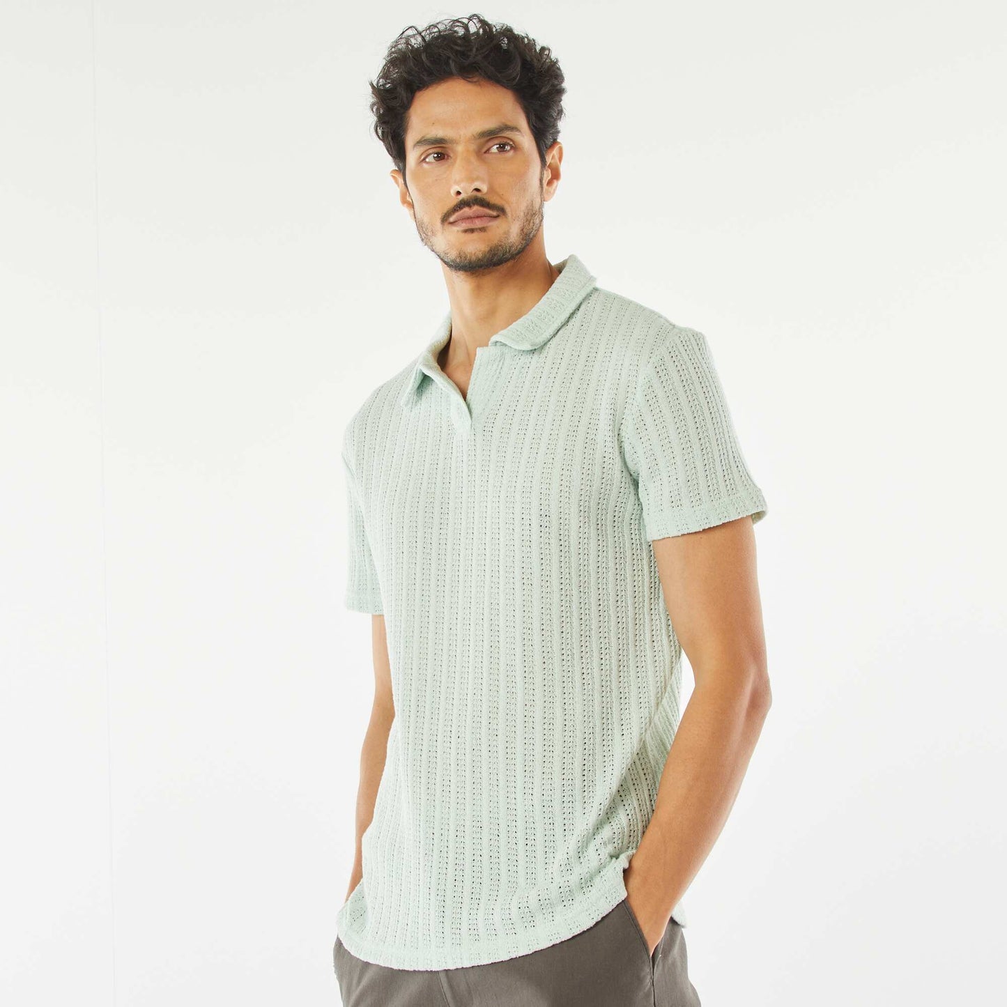 Short-sleeved waffle-knit fabric polo shirt BLUE