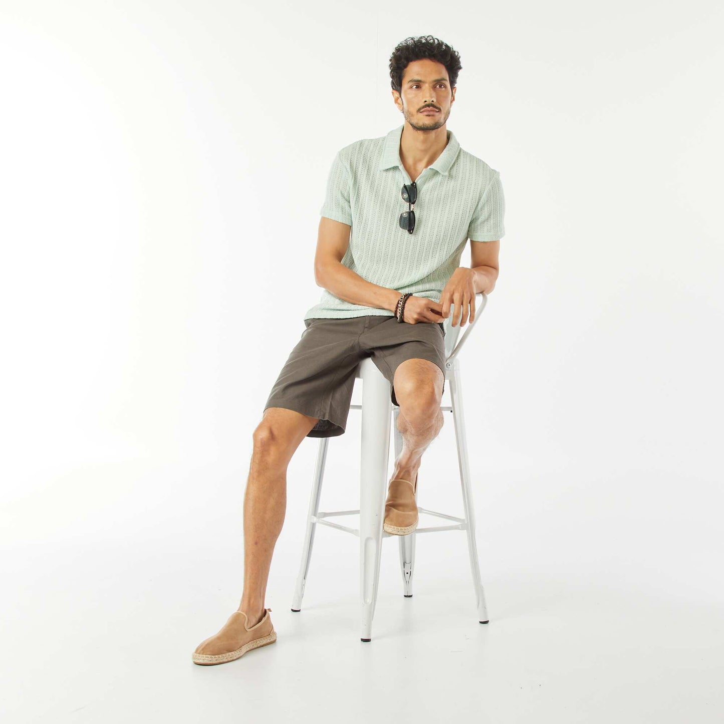 Short-sleeved waffle-knit fabric polo shirt BLUE