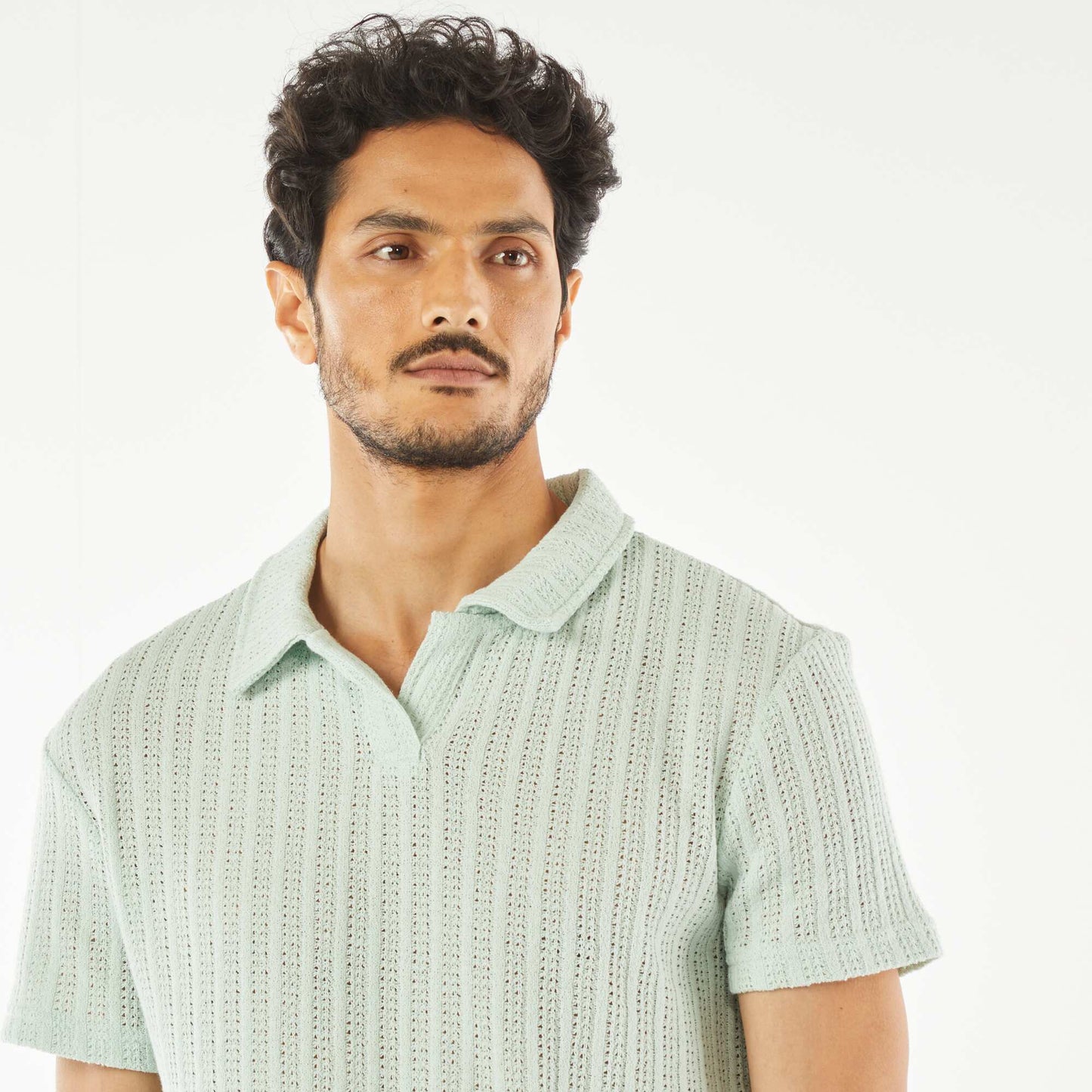 Short-sleeved waffle-knit fabric polo shirt BLUE