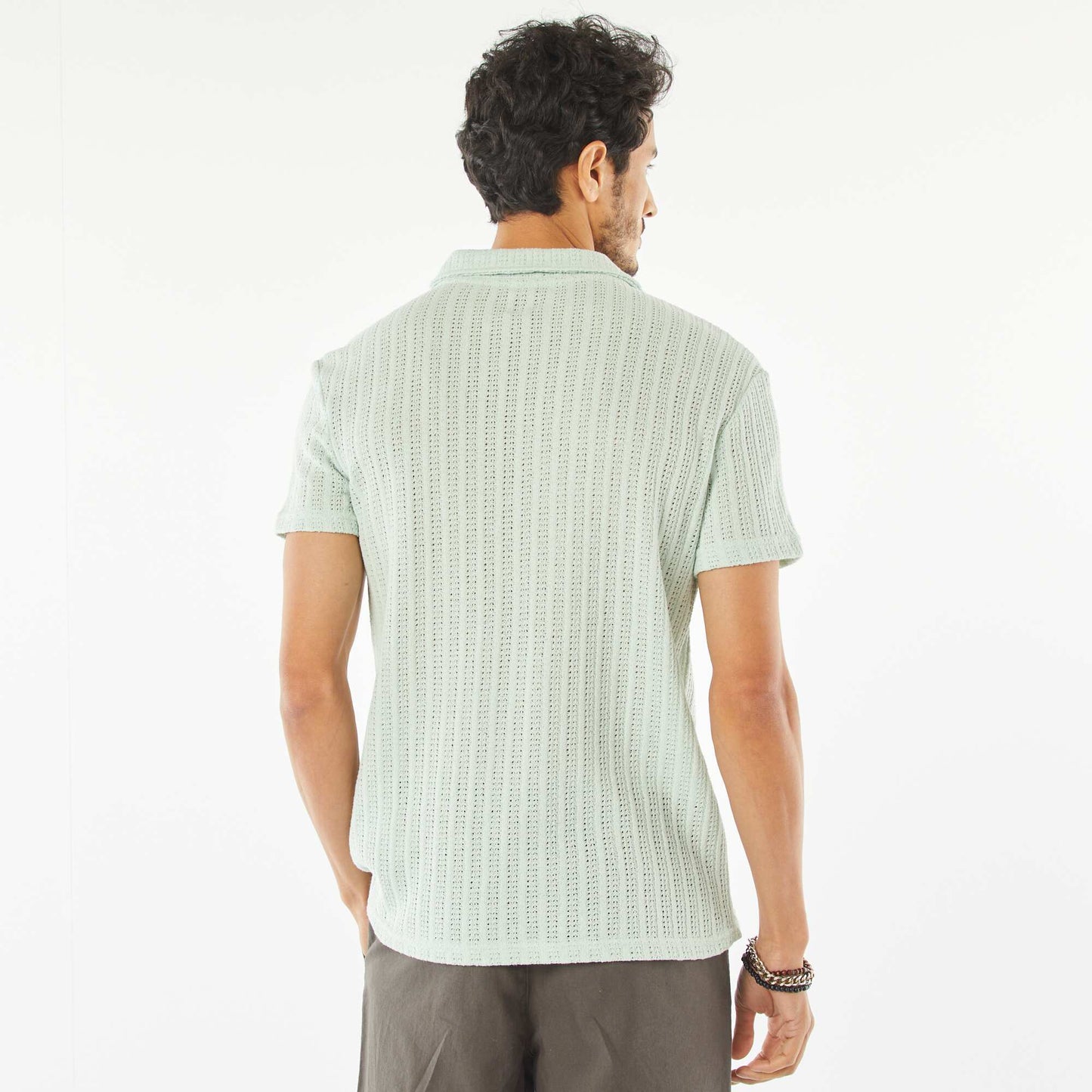 Short-sleeved waffle-knit fabric polo shirt BLUE