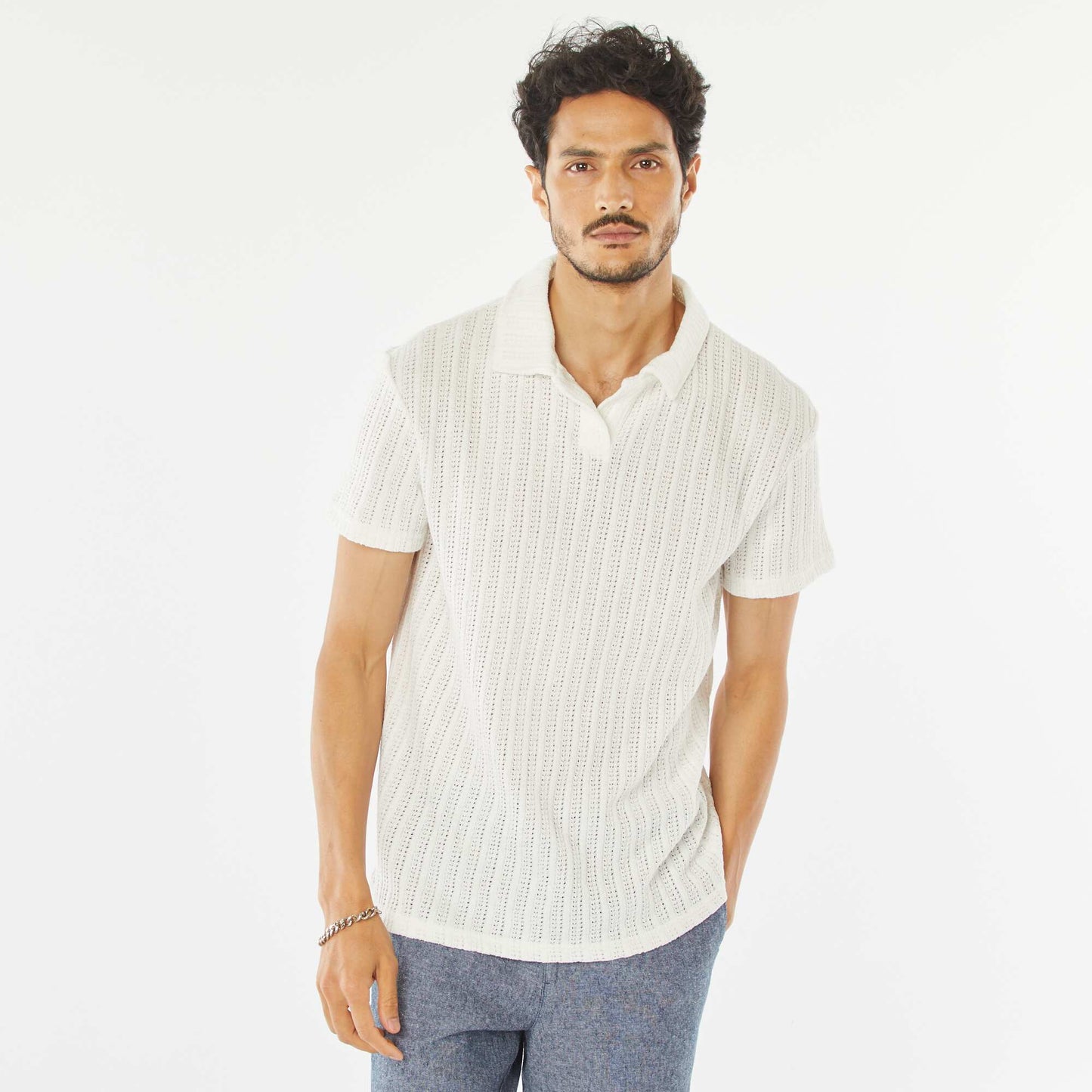 Short-sleeved waffle-knit fabric polo shirt WHITE