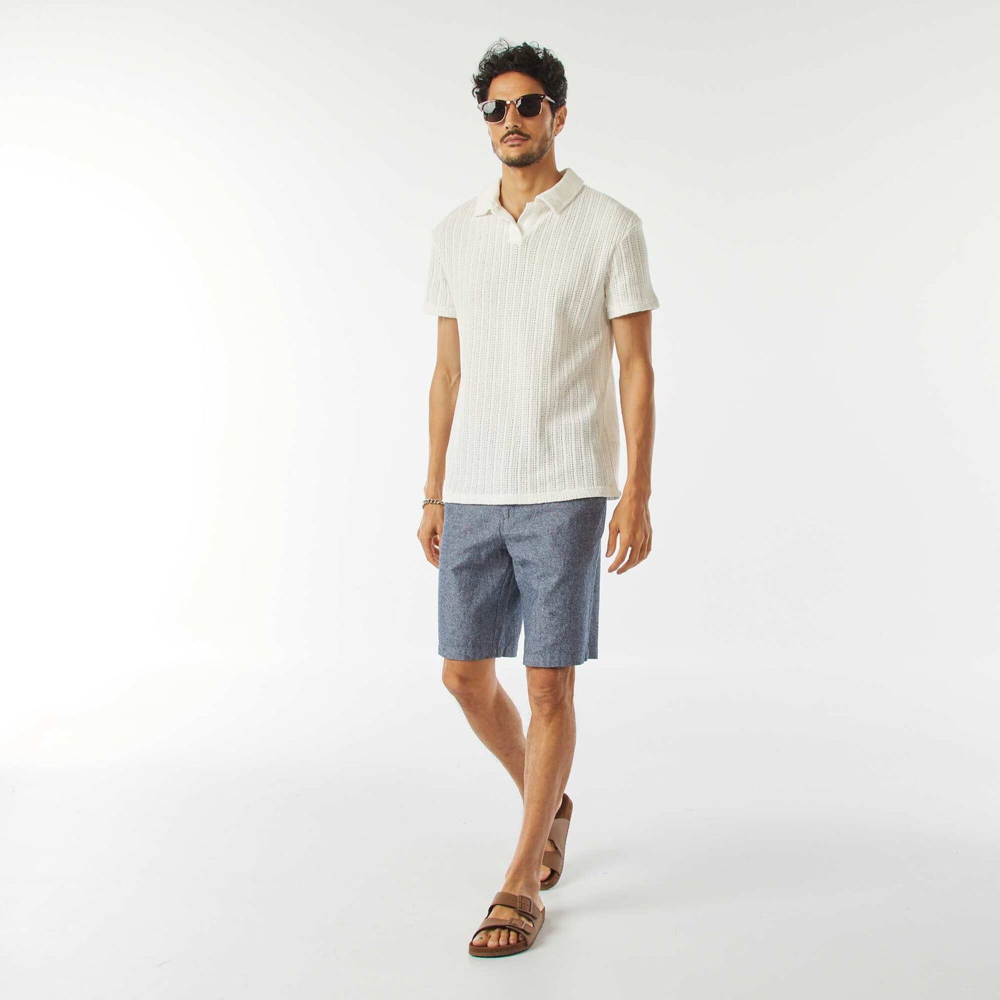 Short-sleeved waffle-knit fabric polo shirt WHITE