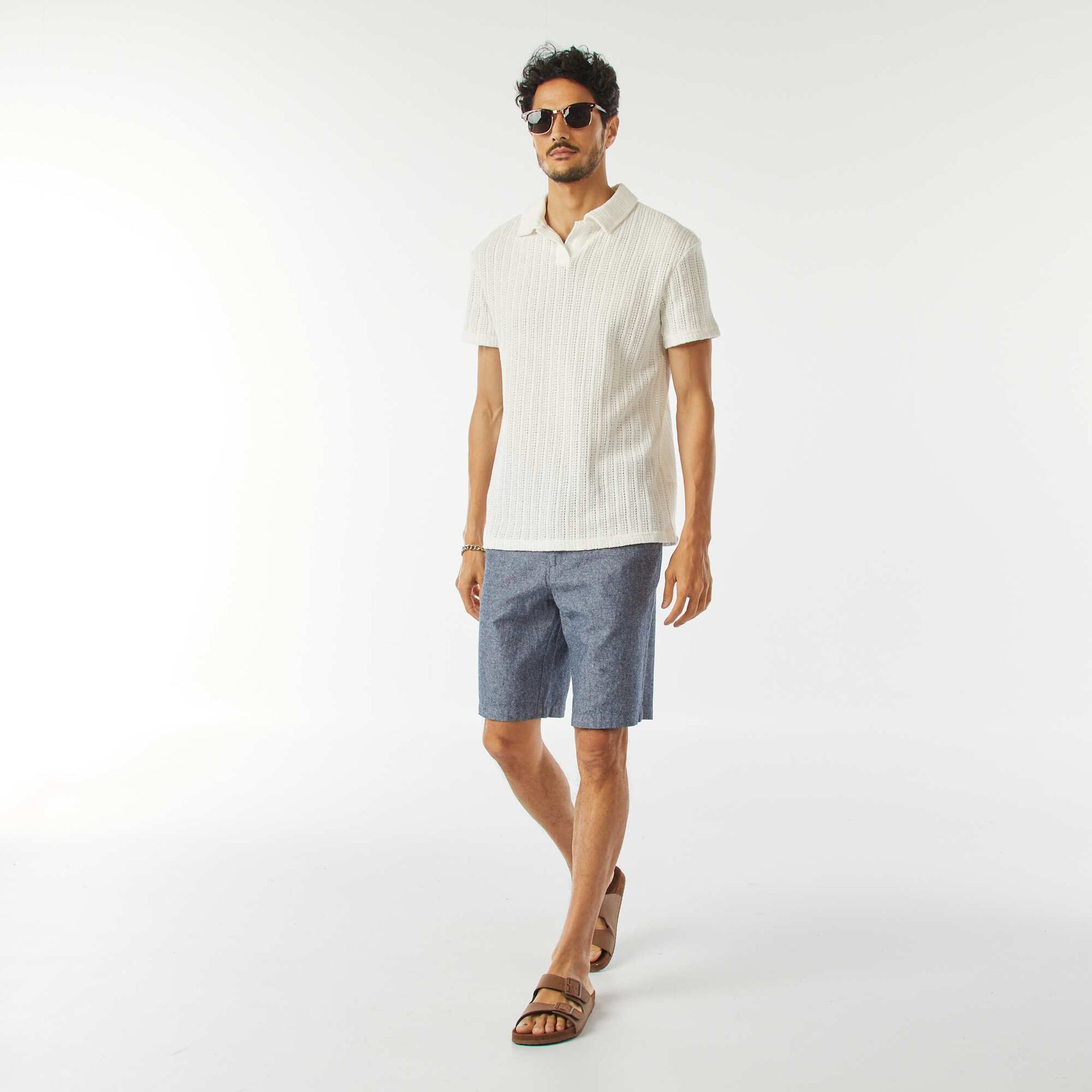 Short-sleeved waffle-knit fabric polo shirt WHITE