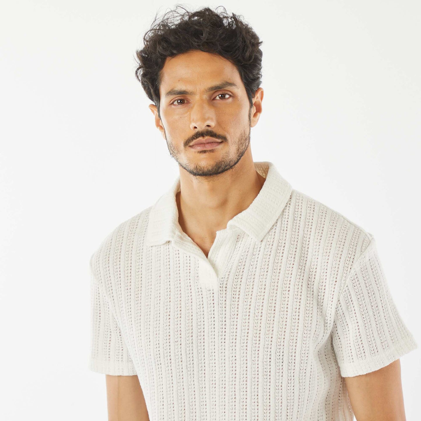 Short-sleeved waffle-knit fabric polo shirt WHITE