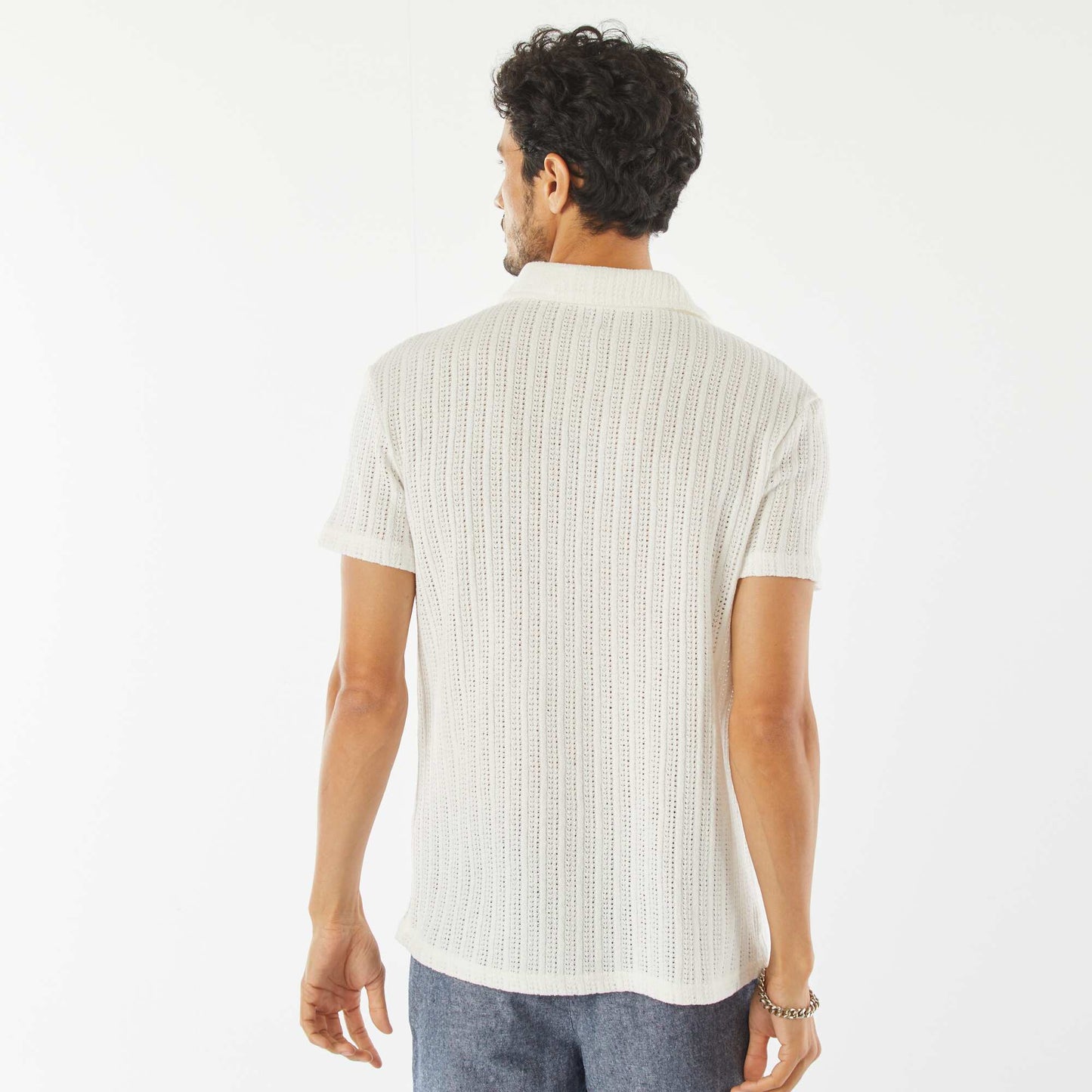 Short-sleeved waffle-knit fabric polo shirt WHITE