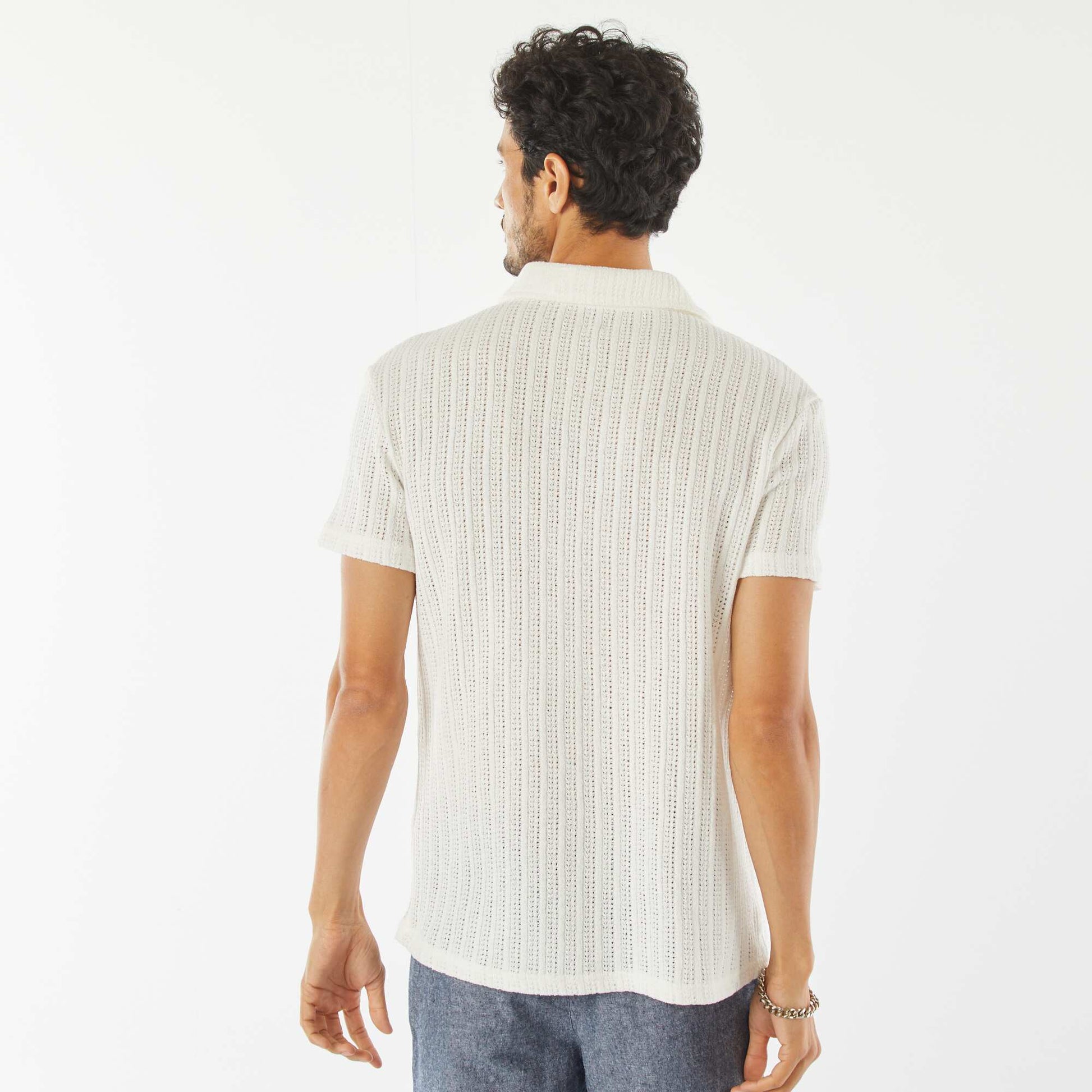 Short-sleeved waffle-knit fabric polo shirt WHITE