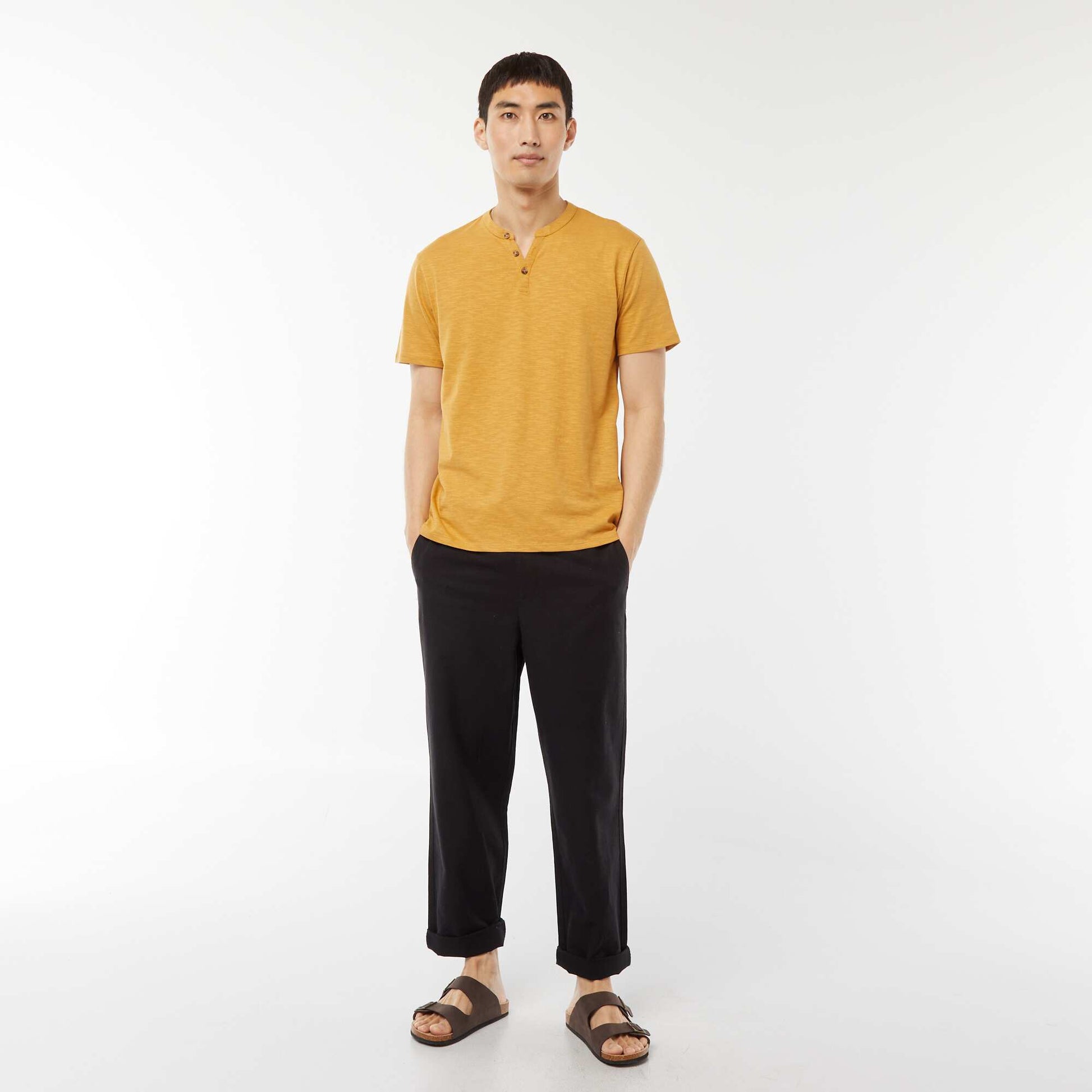 Short-sleeved T-shirt with Henley collar BEIGE