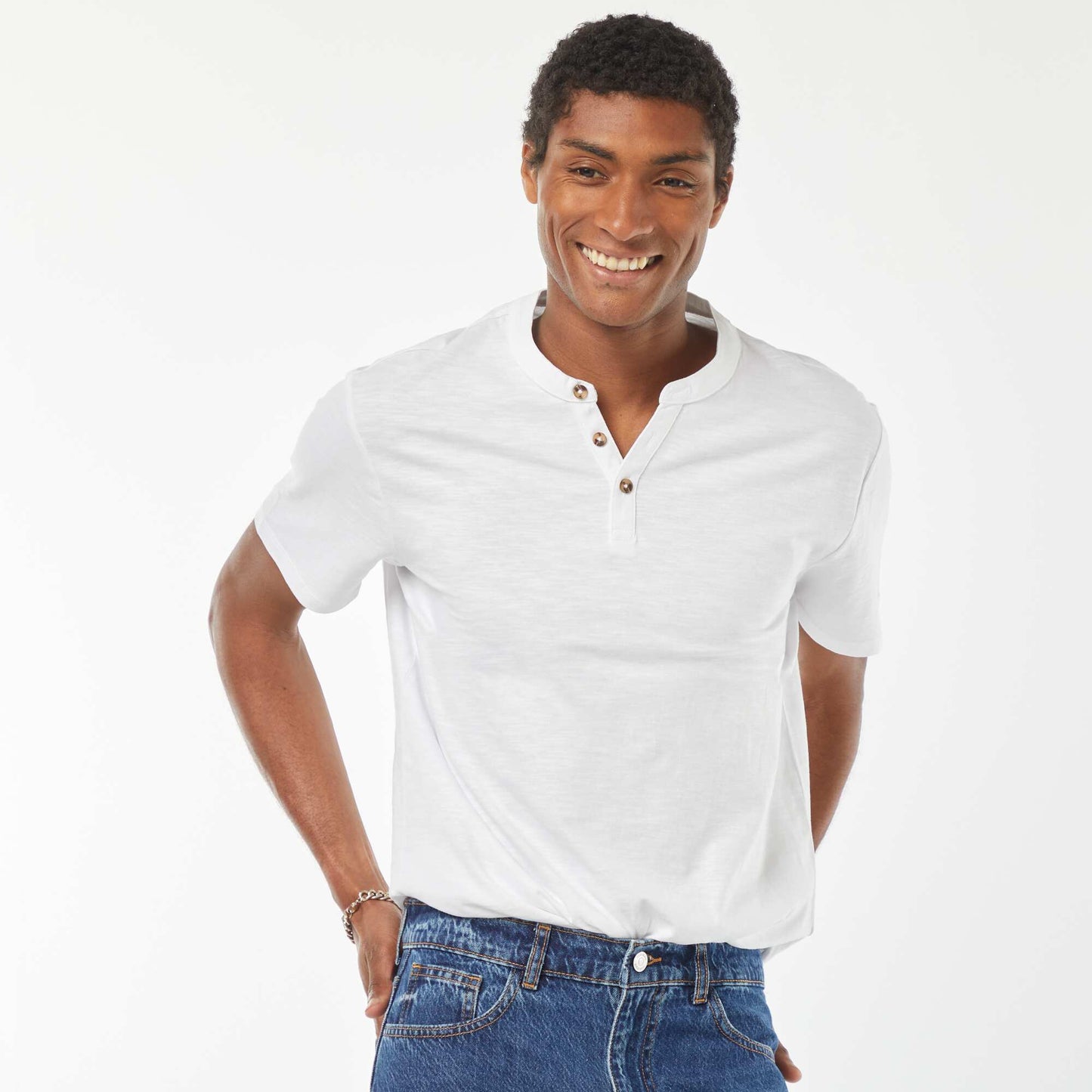 Short-sleeved T-shirt with Henley collar WHITE