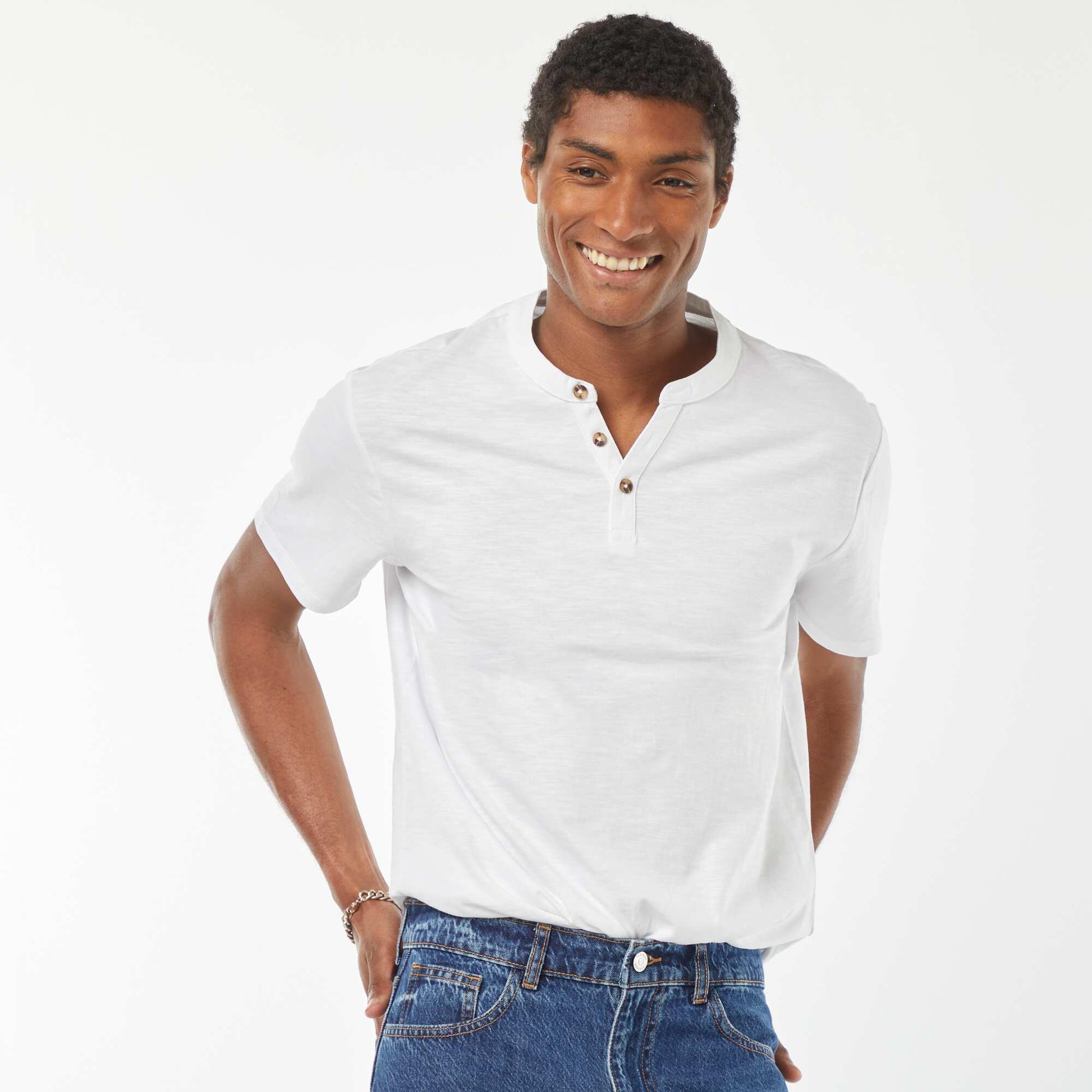 Short-sleeved T-shirt with Henley collar WHITE