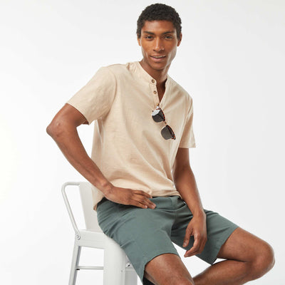 Short-sleeved T-shirt with Henley collar BEIGE