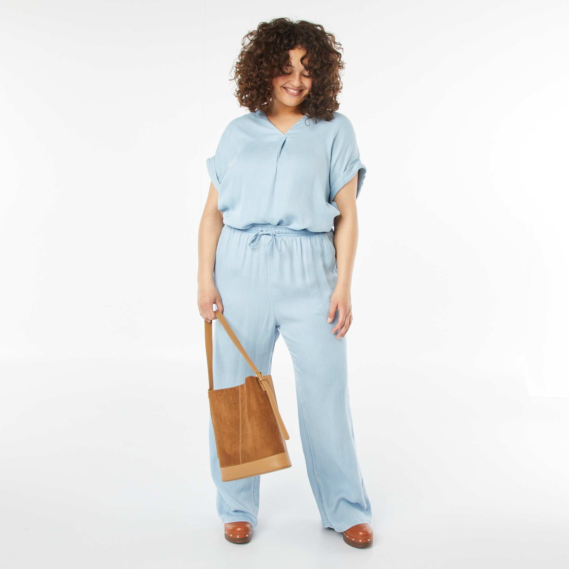 Wide-leg lyocell trousers with elasticated waist BLUE