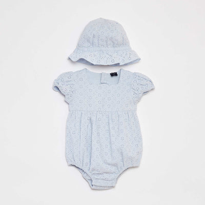 Broderie anglaise romper suit + sun hat - 2-piece set BLUE