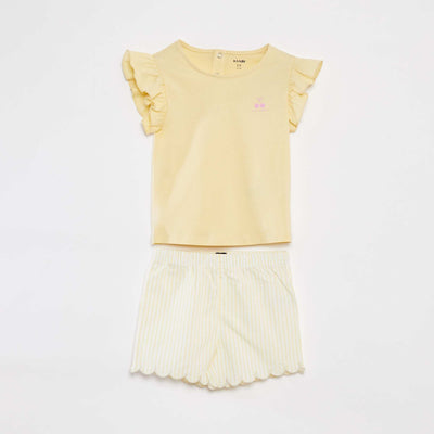 Ruffled T-shirt + shorts pyjama set - 2-piece set YELLOW