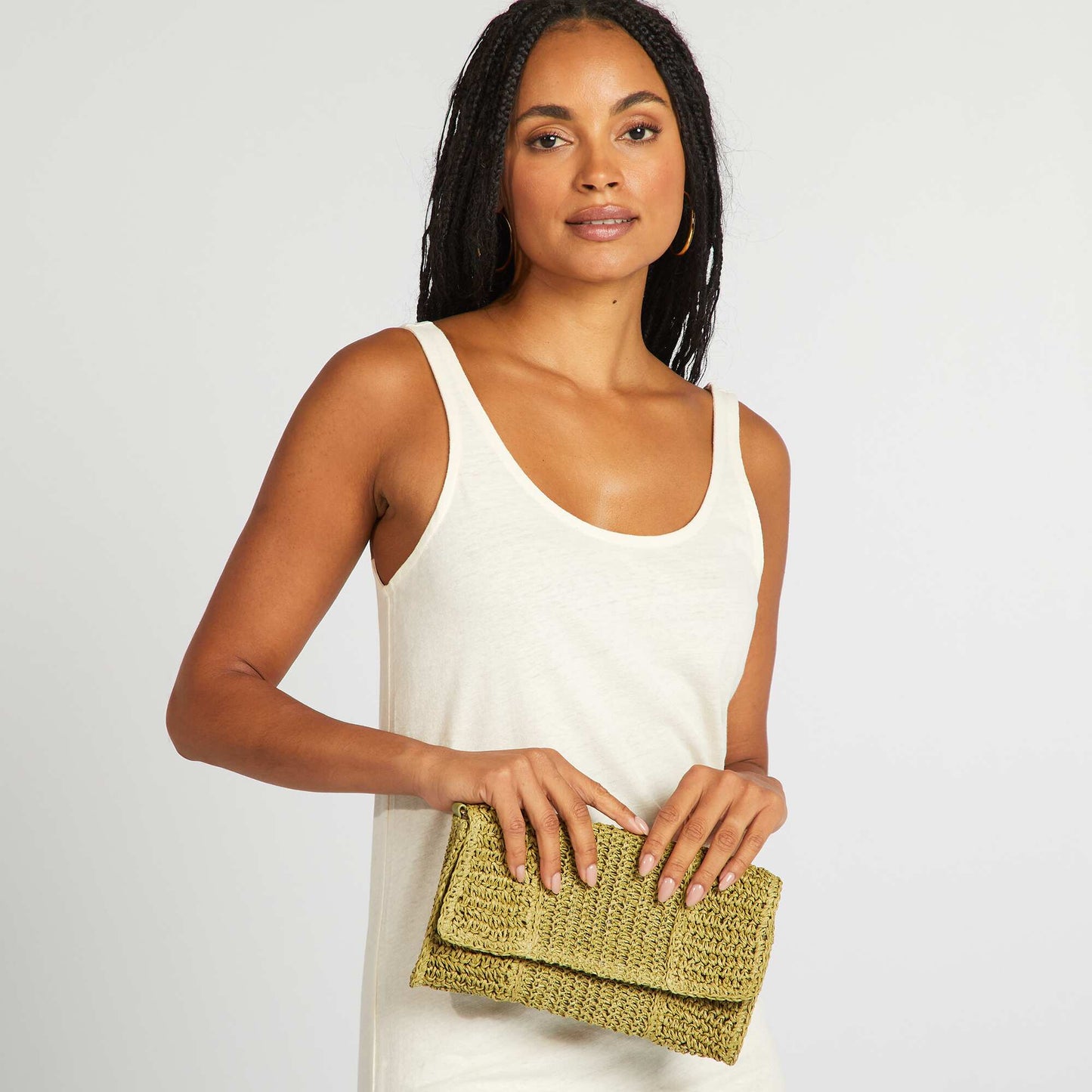 Raffia clutch with shoulder strap KHAKI