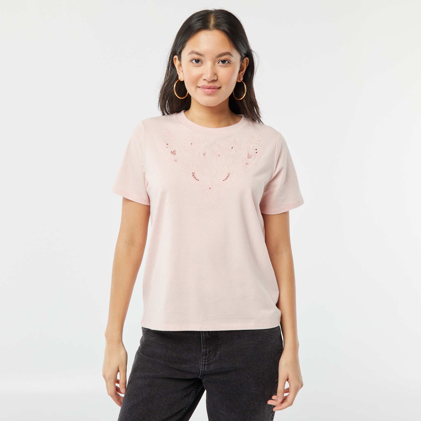 Short-sleeved T-shirt with fancy embroidery PINK