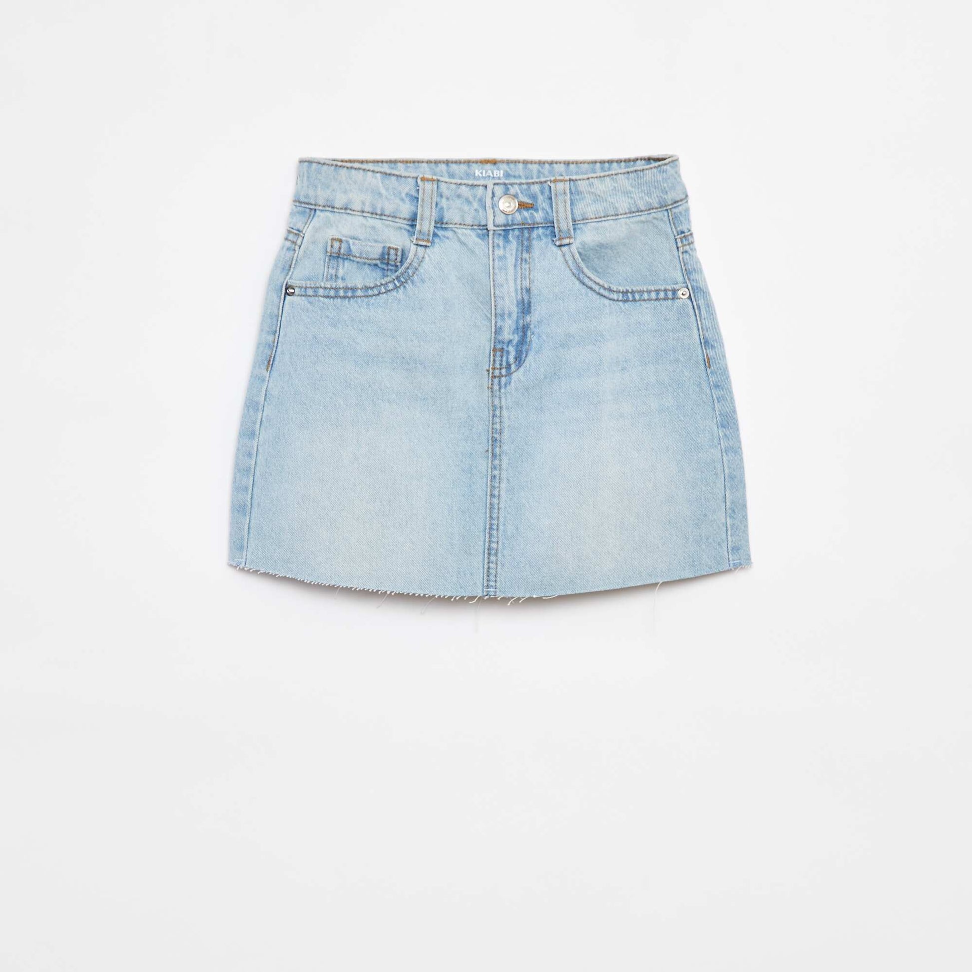 Plain denim mini skirt with raw edging BLUE