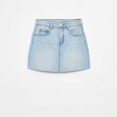 Plain denim mini skirt with raw edging BLUE