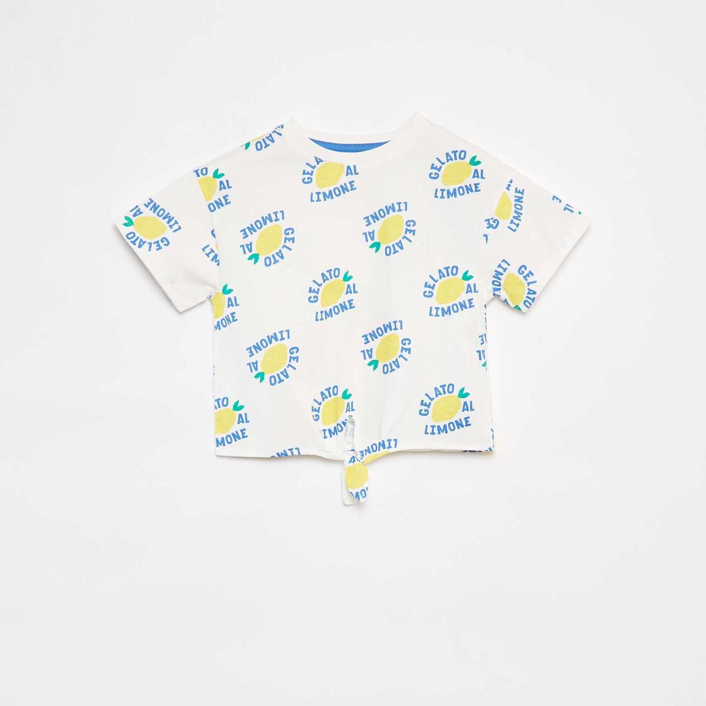 Printed T-shirt with knotted bottom hem WHITE