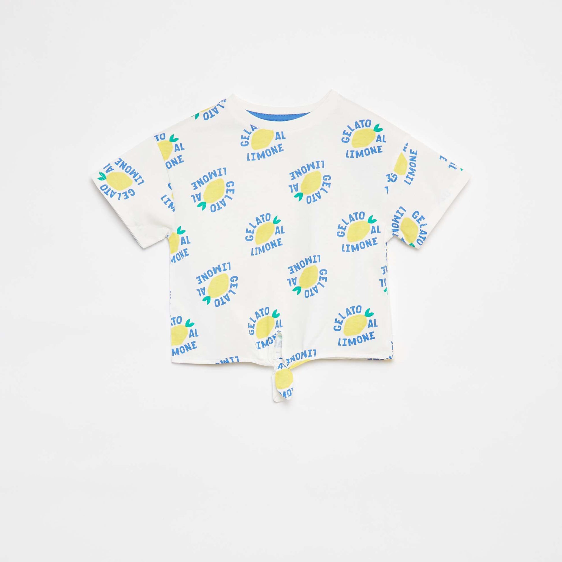 Printed T-shirt with knotted bottom hem WHITE