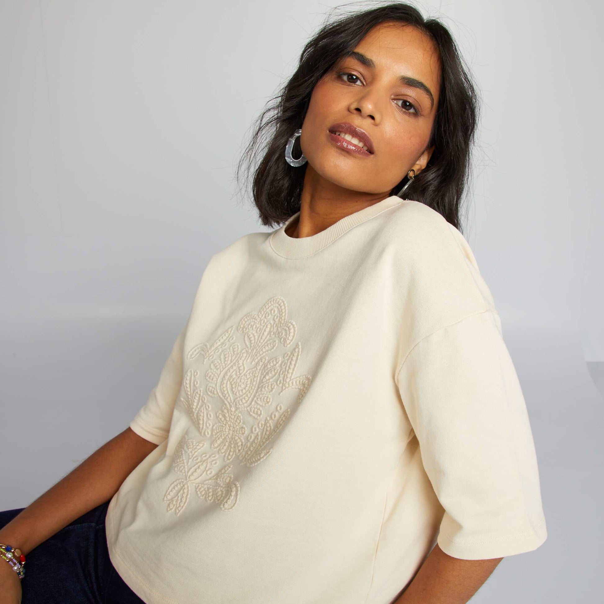 Loose-fit cropped T-shirt BEIGE