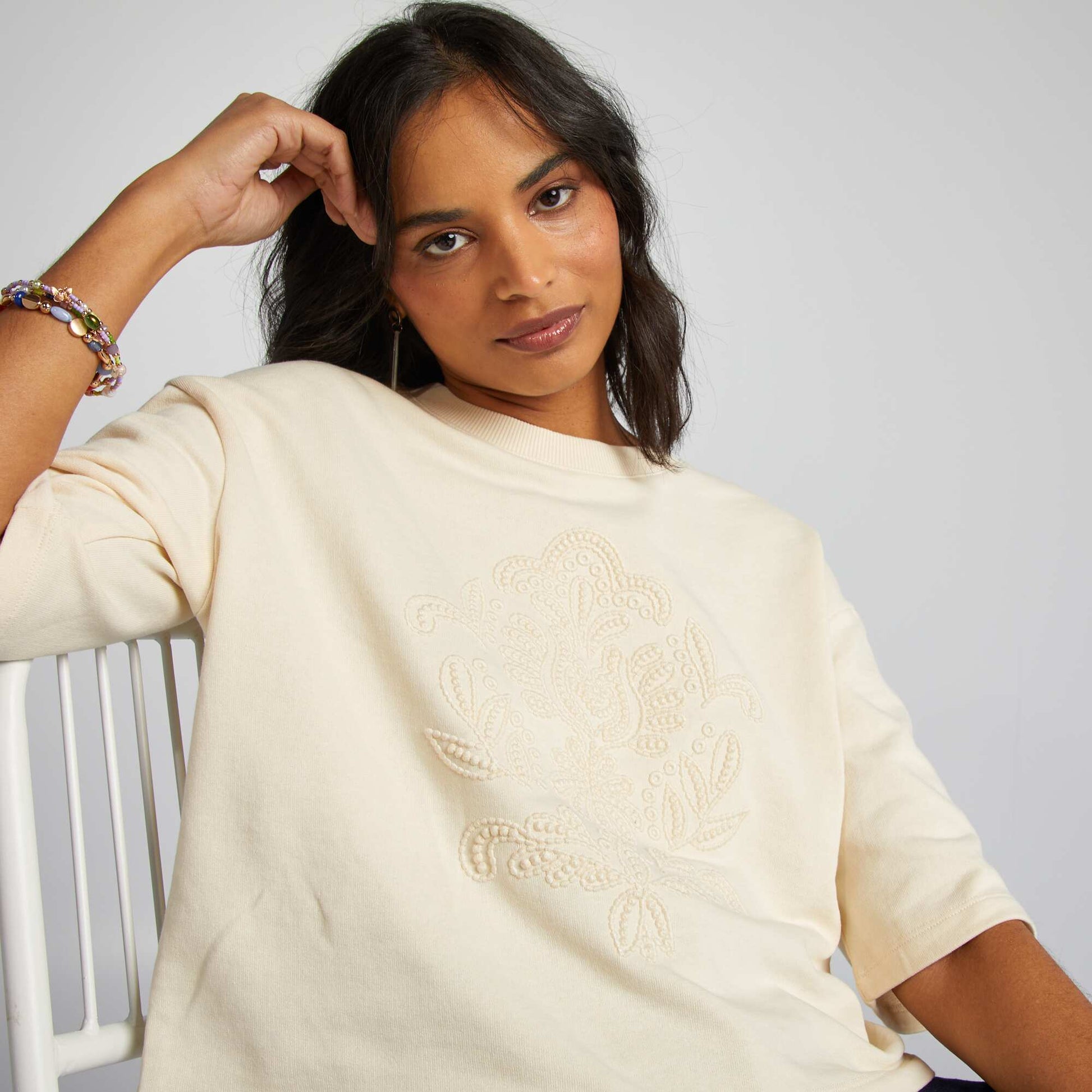 Loose-fit cropped T-shirt BEIGE