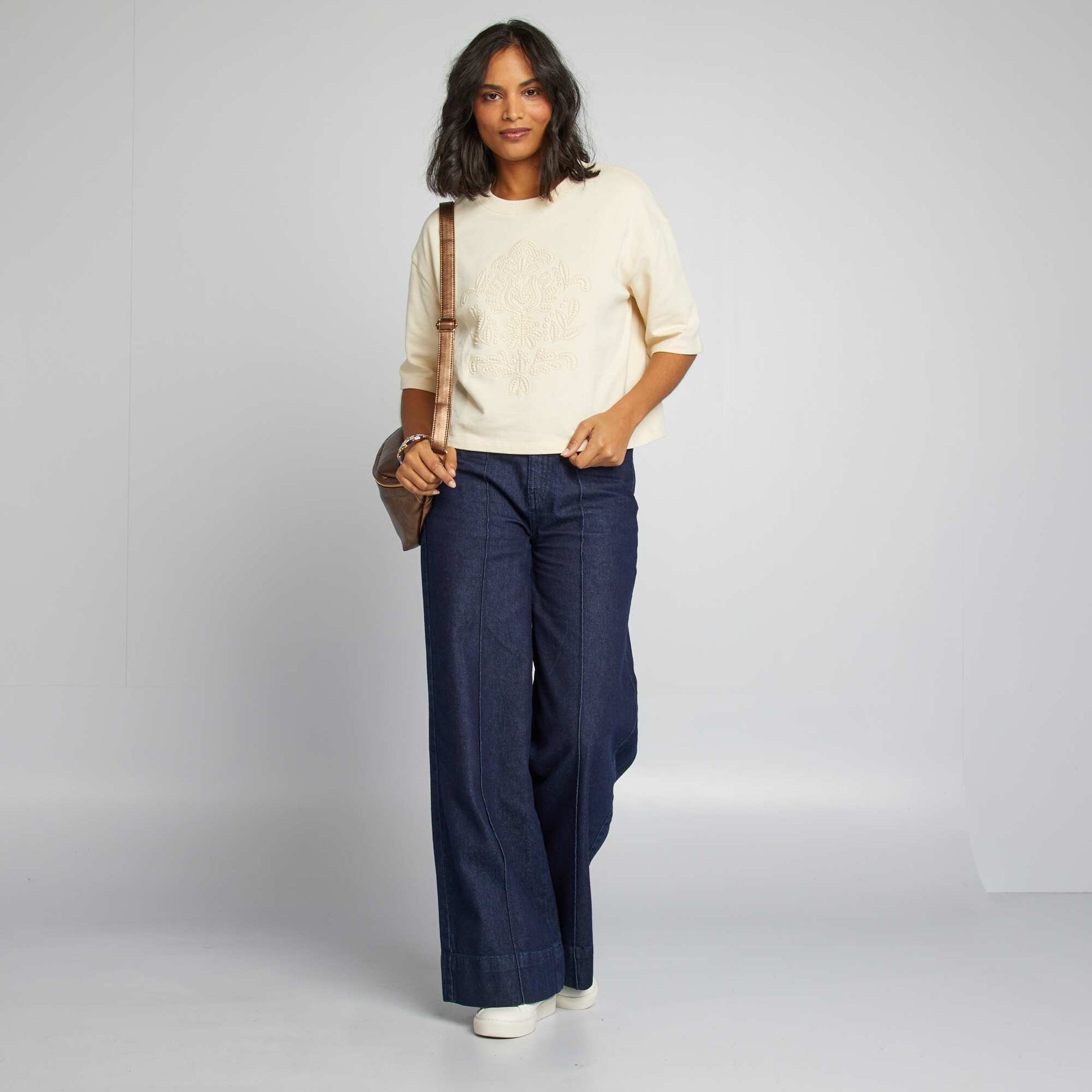 Loose-fit cropped T-shirt BEIGE