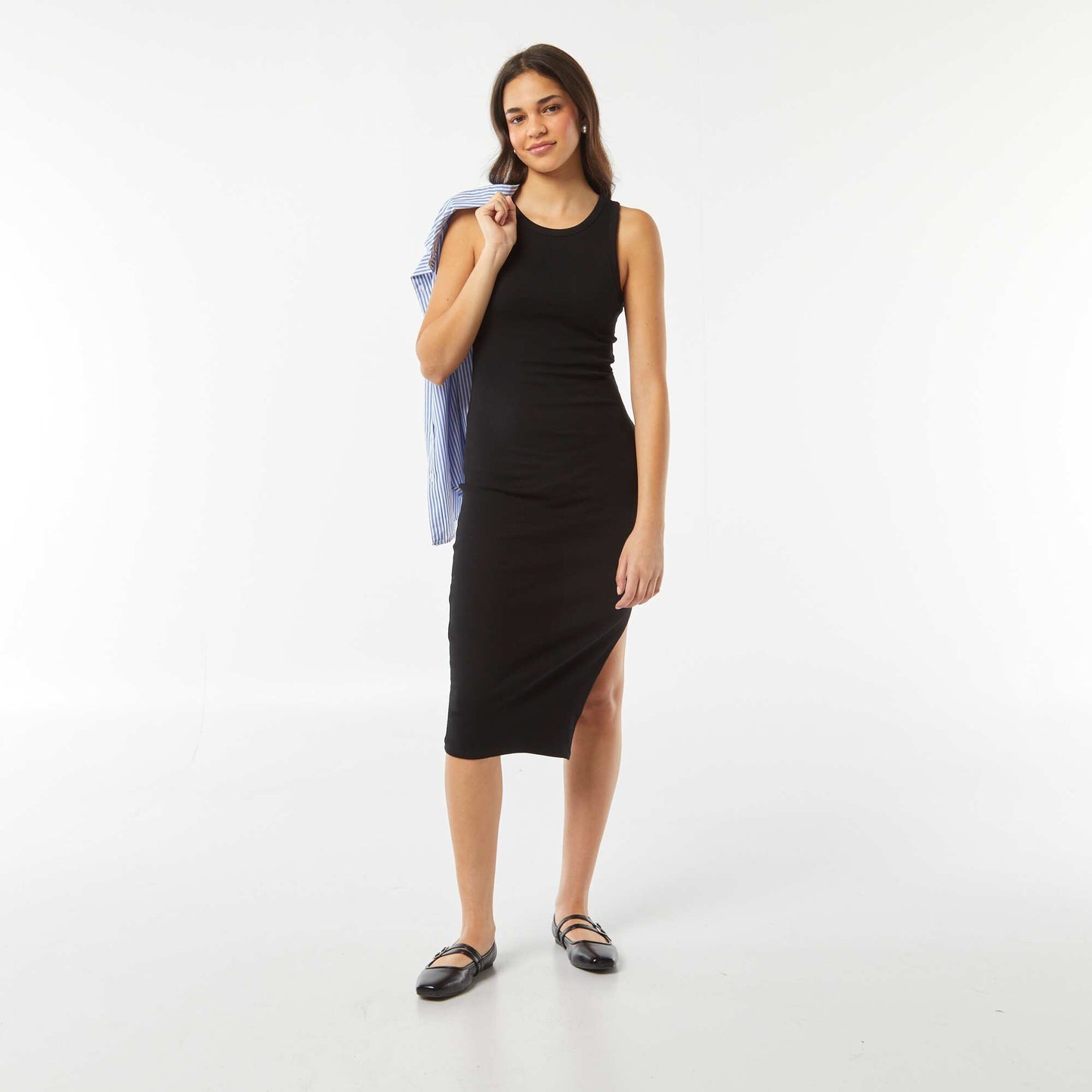 Long form-fitting ribbed knit sleeveless dress BLACK