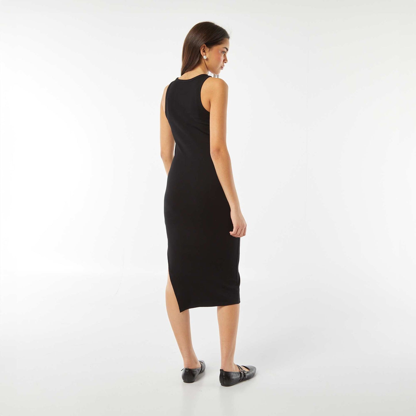 Long form-fitting ribbed knit sleeveless dress BLACK