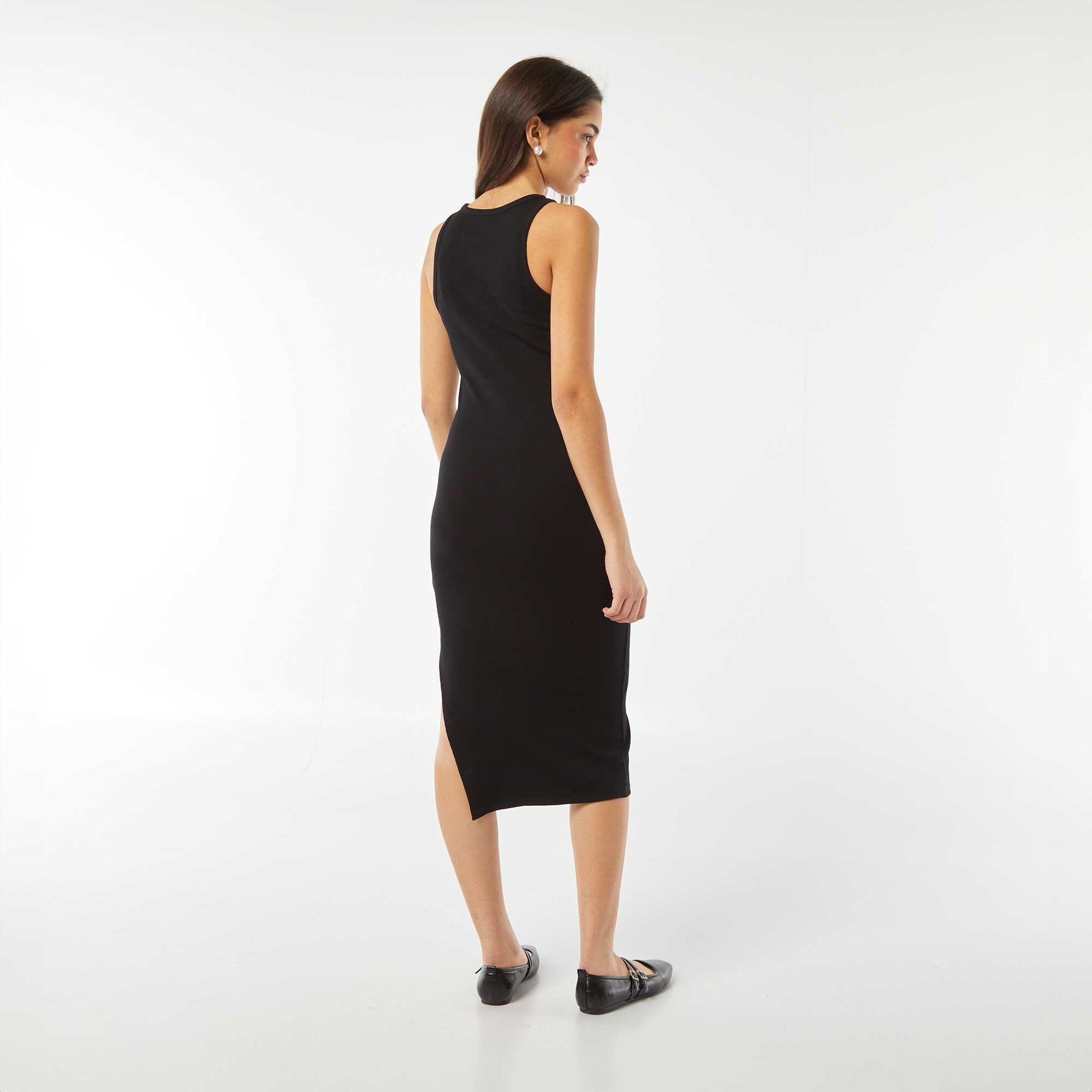 Long form-fitting ribbed knit sleeveless dress BLACK